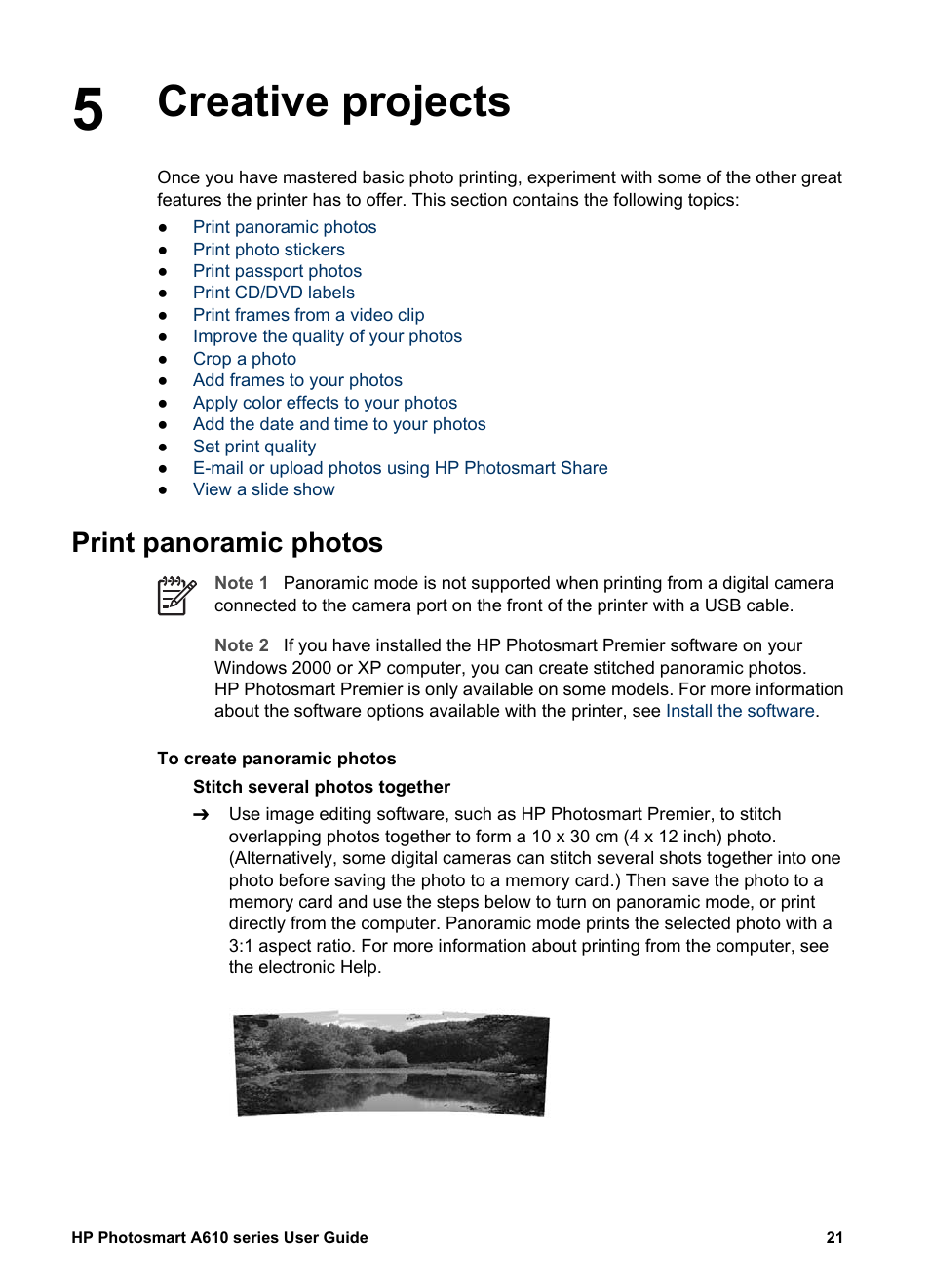 Creative projects, Print panoramic photos, Creative projects print panoramic photos | HP Photosmart A617 Compact Photo Printer User Manual | Page 24 / 70