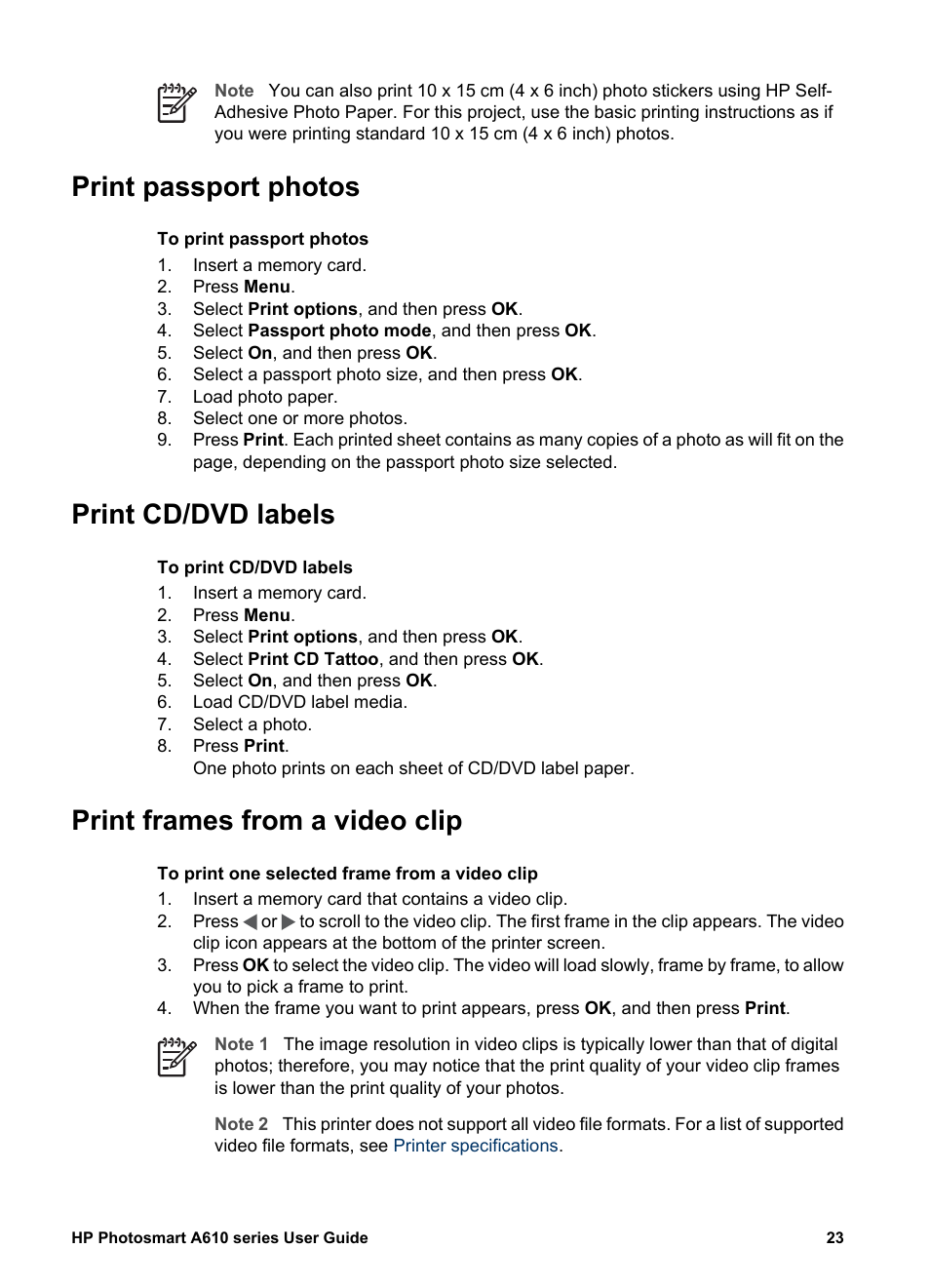 Print passport photos, Print cd/dvd labels, Print frames from a video clip | HP Photosmart A617 Compact Photo Printer User Manual | Page 26 / 70