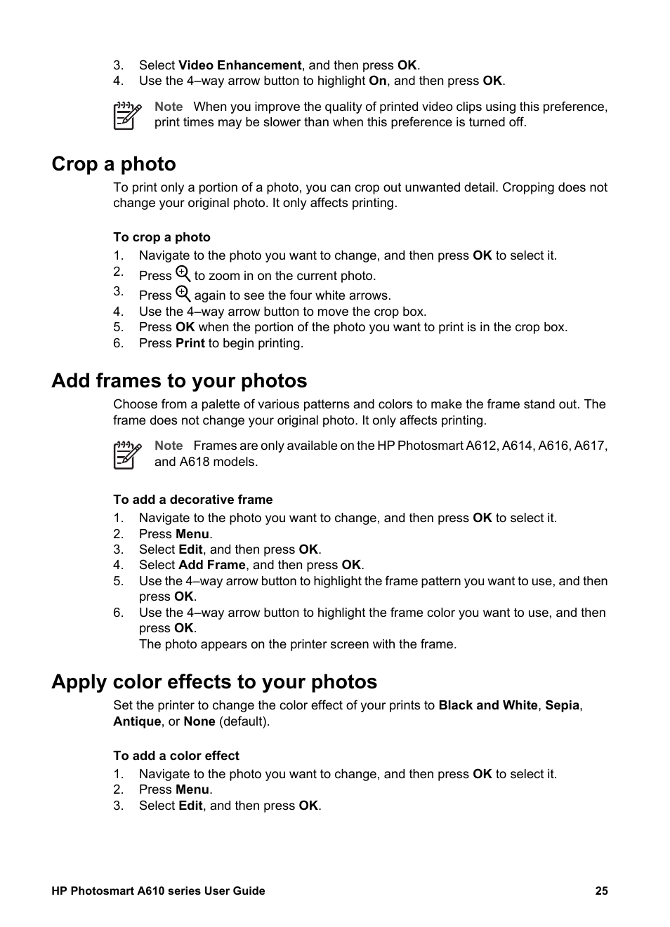 Crop a photo, Add frames to your photos, Apply color effects to your photos | Add frames to your, Photos | HP Photosmart A617 Compact Photo Printer User Manual | Page 28 / 70