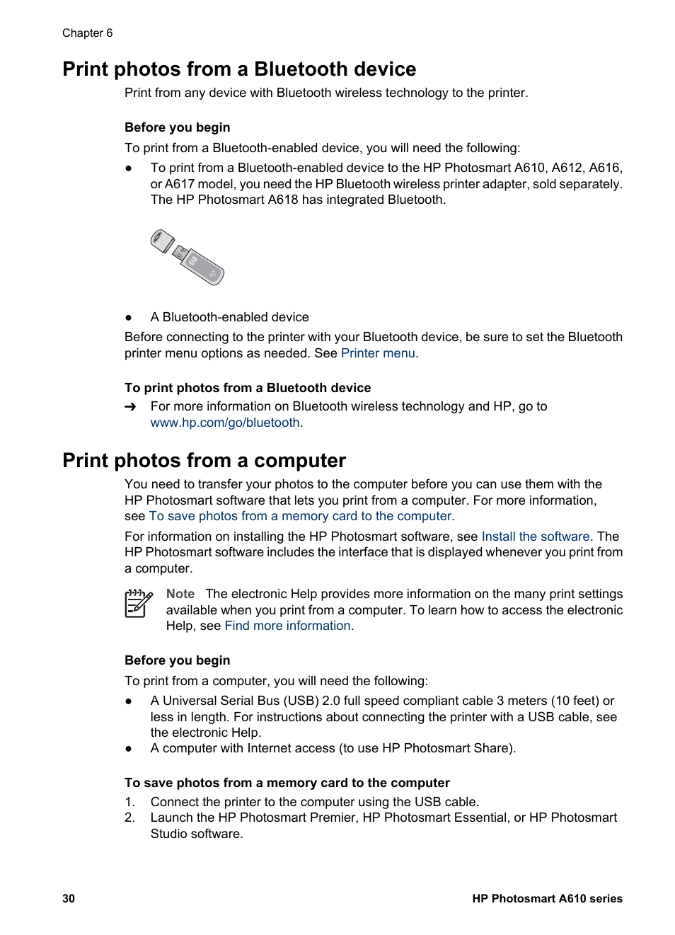 Print photos from a bluetooth device, Print photos from a computer | HP Photosmart A617 Compact Photo Printer User Manual | Page 33 / 70