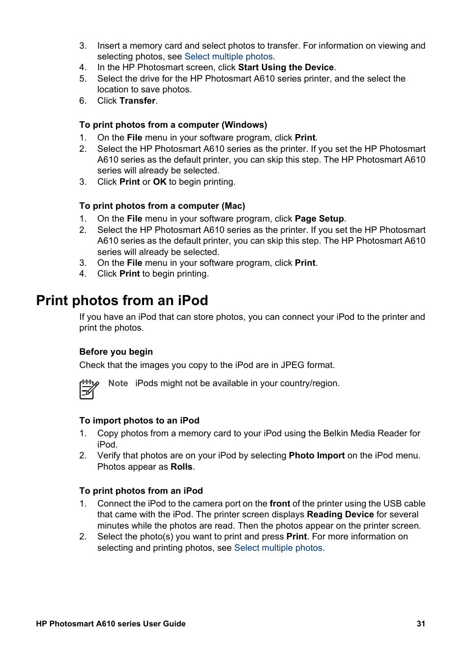 Print photos from an ipod | HP Photosmart A617 Compact Photo Printer User Manual | Page 34 / 70