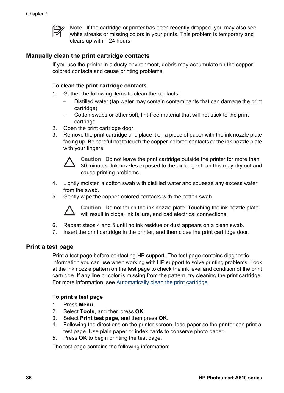 Manually clean the print cartridge contacts | HP Photosmart A617 Compact Photo Printer User Manual | Page 39 / 70