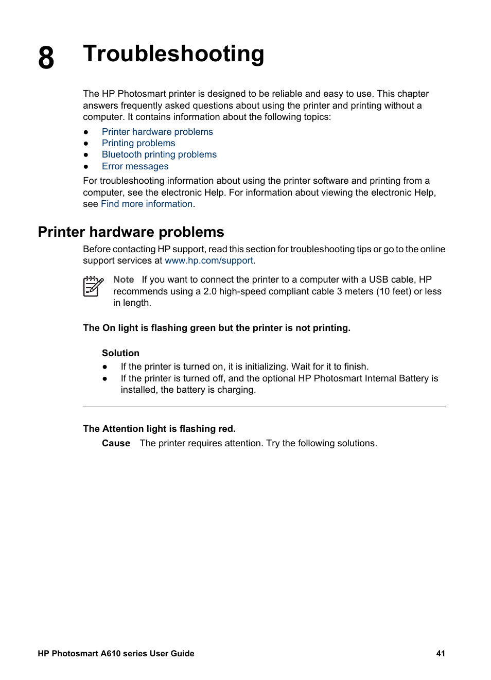 Troubleshooting, Printer hardware problems, Troubleshooting printer hardware problems | HP Photosmart A617 Compact Photo Printer User Manual | Page 44 / 70