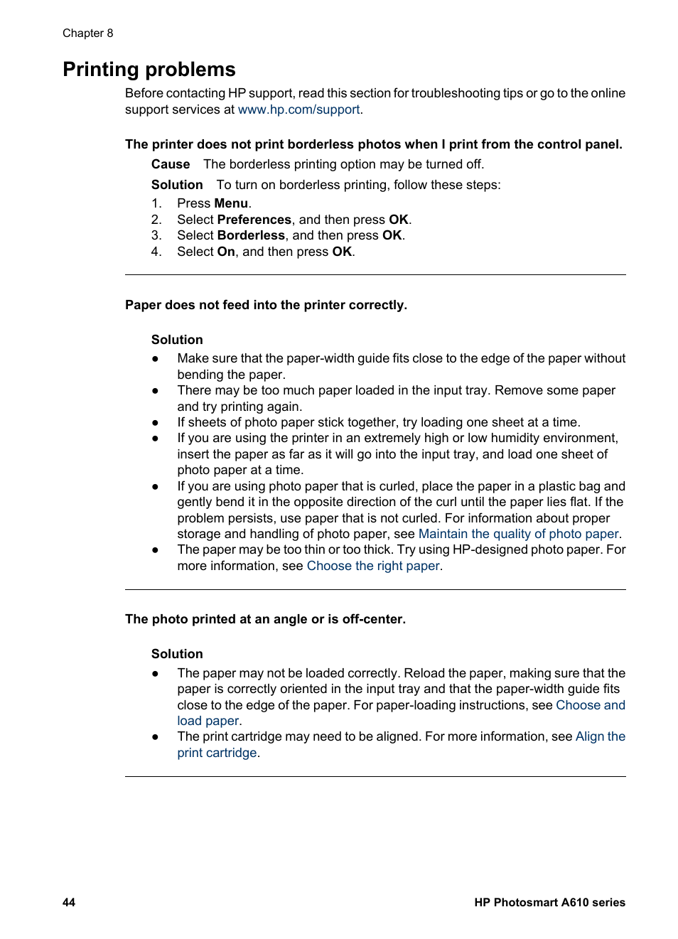 Printing problems | HP Photosmart A617 Compact Photo Printer User Manual | Page 47 / 70