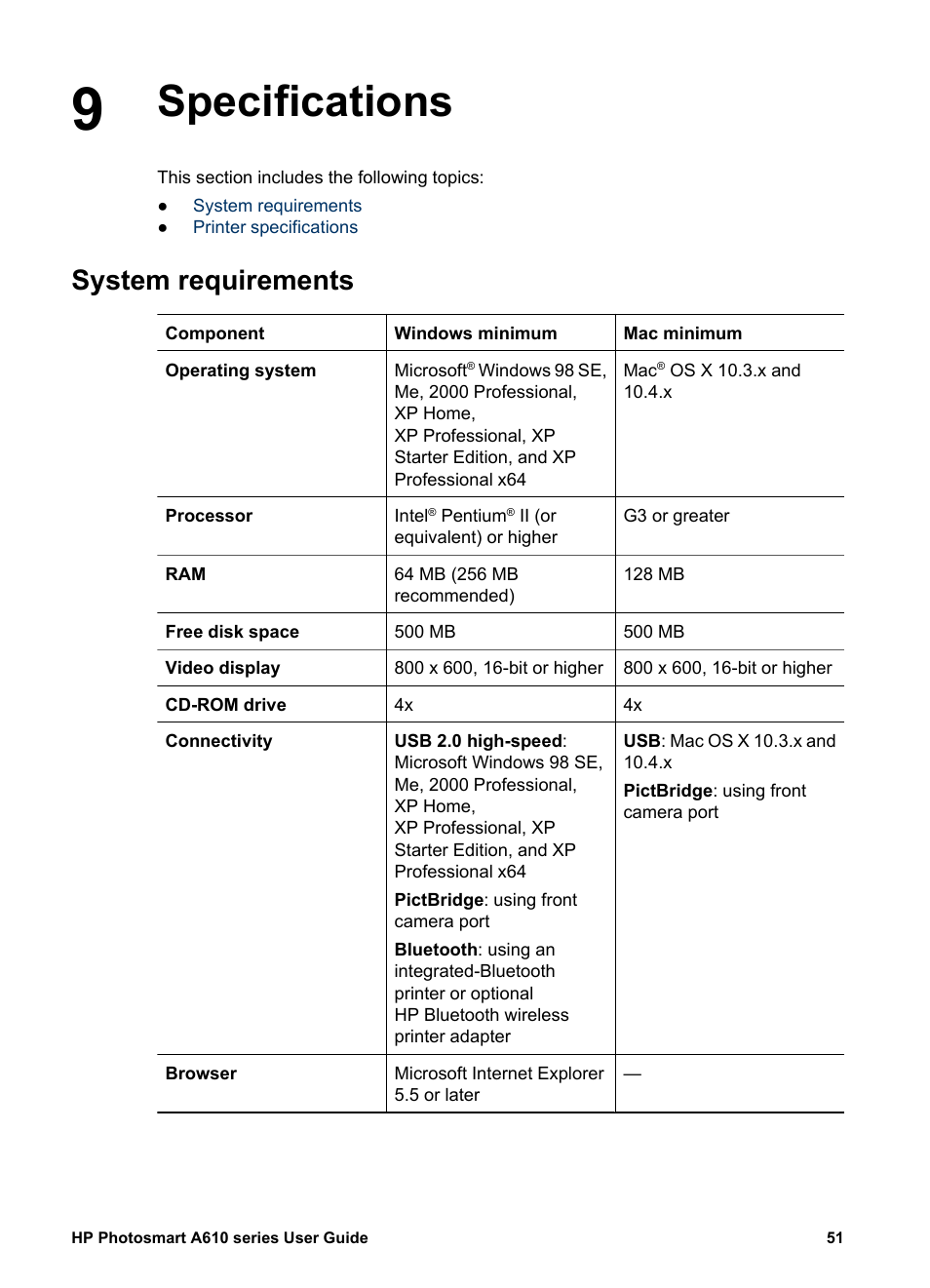 Specifications, System requirements, Specifications system requirements | HP Photosmart A617 Compact Photo Printer User Manual | Page 54 / 70