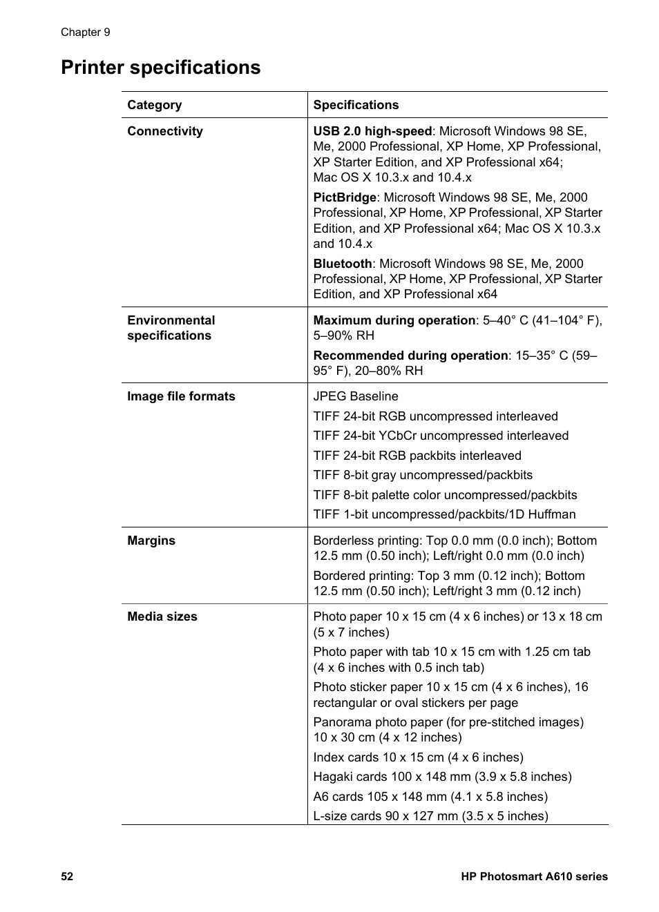 Printer specifications | HP Photosmart A617 Compact Photo Printer User Manual | Page 55 / 70
