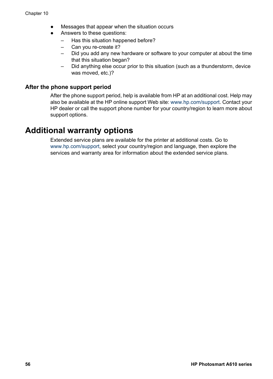 After the phone support period, Additional warranty options | HP Photosmart A617 Compact Photo Printer User Manual | Page 59 / 70