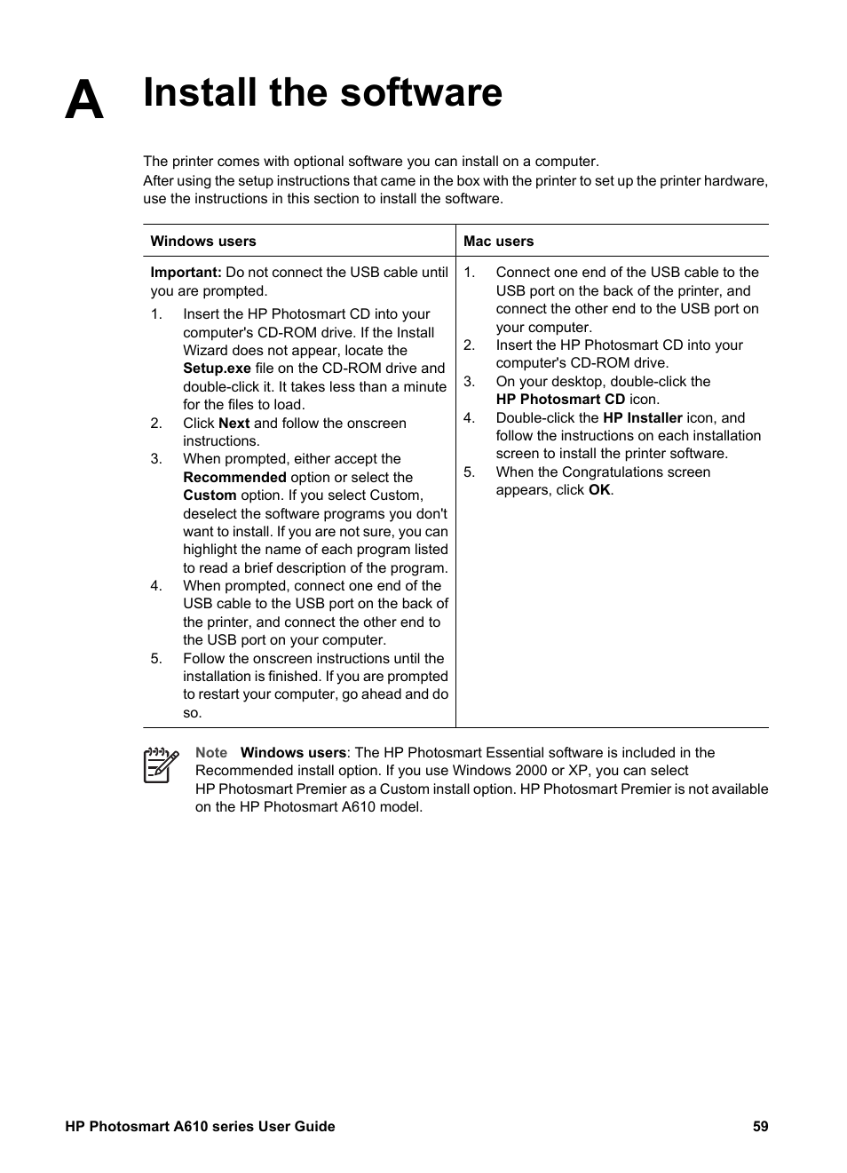 Install the software | HP Photosmart A617 Compact Photo Printer User Manual | Page 62 / 70