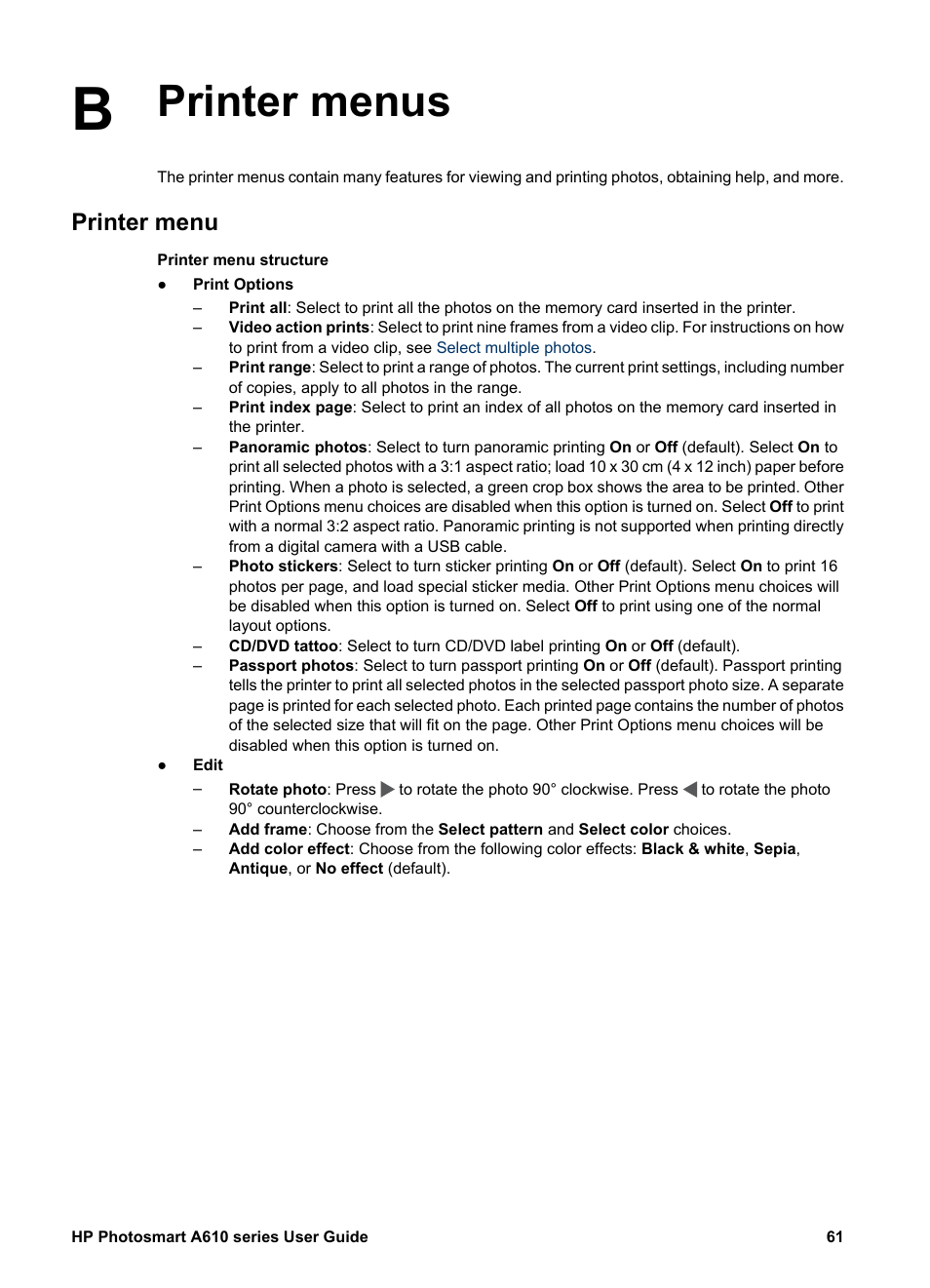 Printer menus, Printer menu, Printer menus printer menu | Printer, Menus | HP Photosmart A617 Compact Photo Printer User Manual | Page 64 / 70