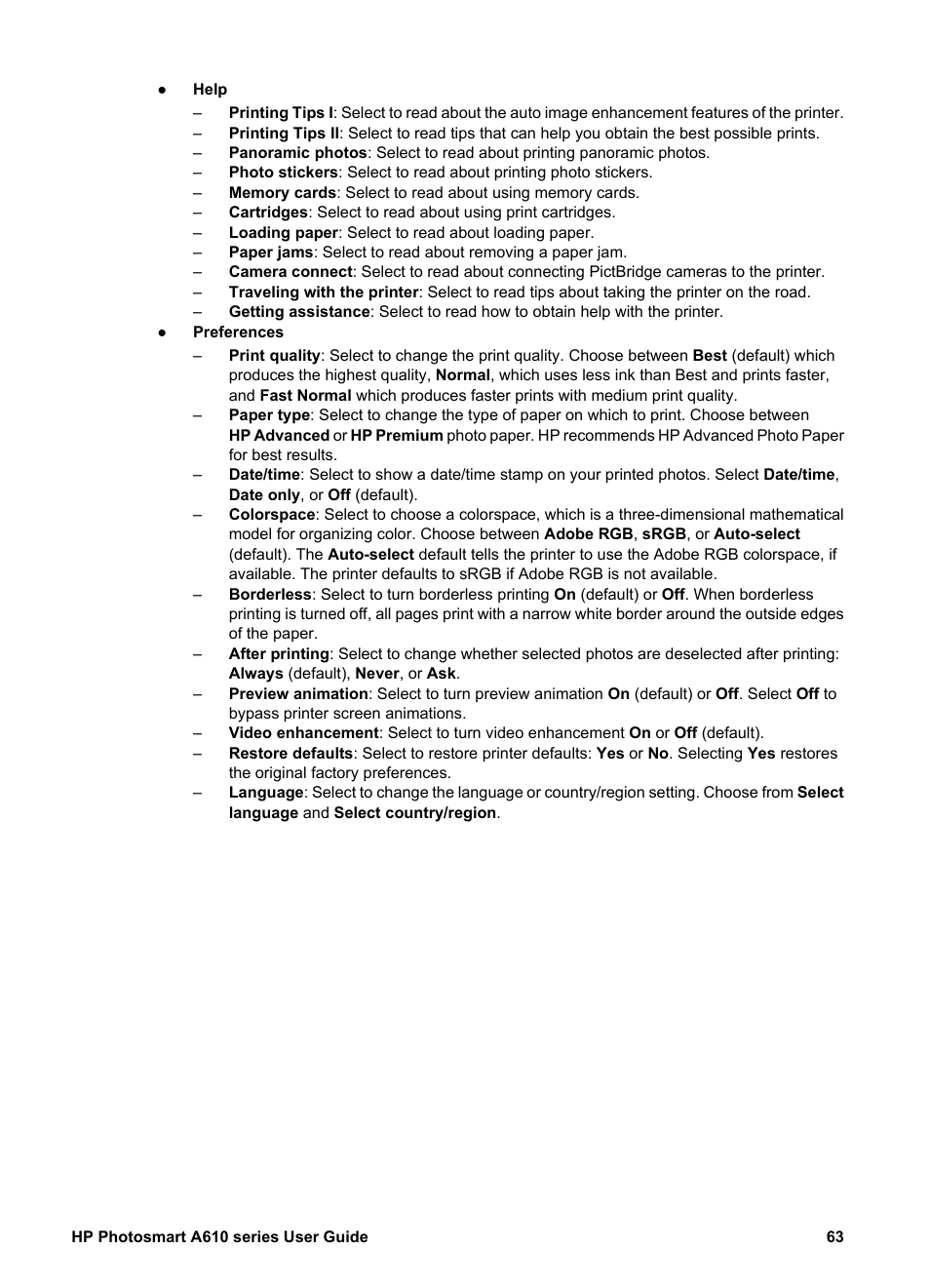 HP Photosmart A617 Compact Photo Printer User Manual | Page 66 / 70
