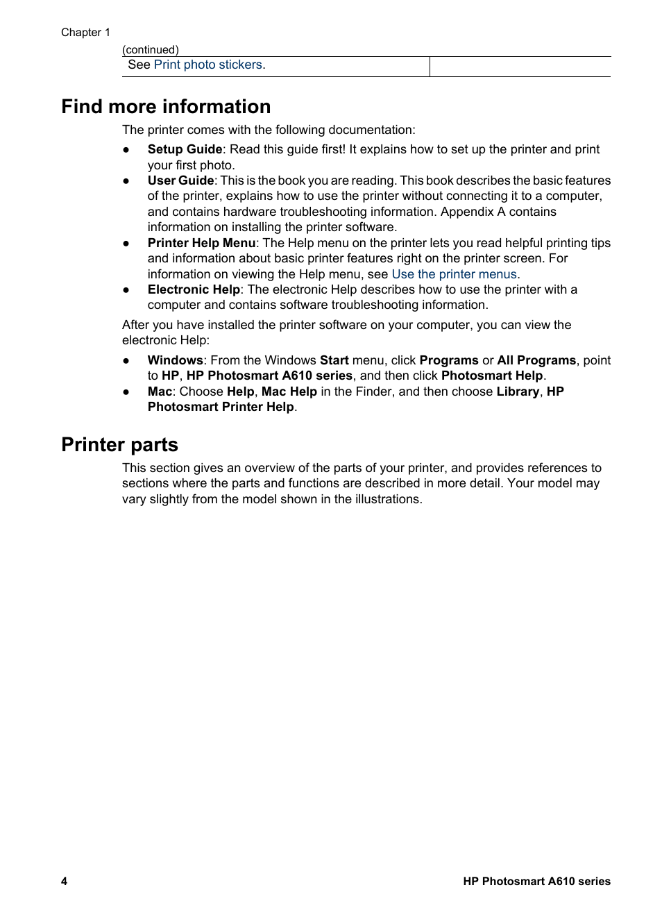 Find more information, Printer parts, Find more information printer parts | HP Photosmart A617 Compact Photo Printer User Manual | Page 7 / 70