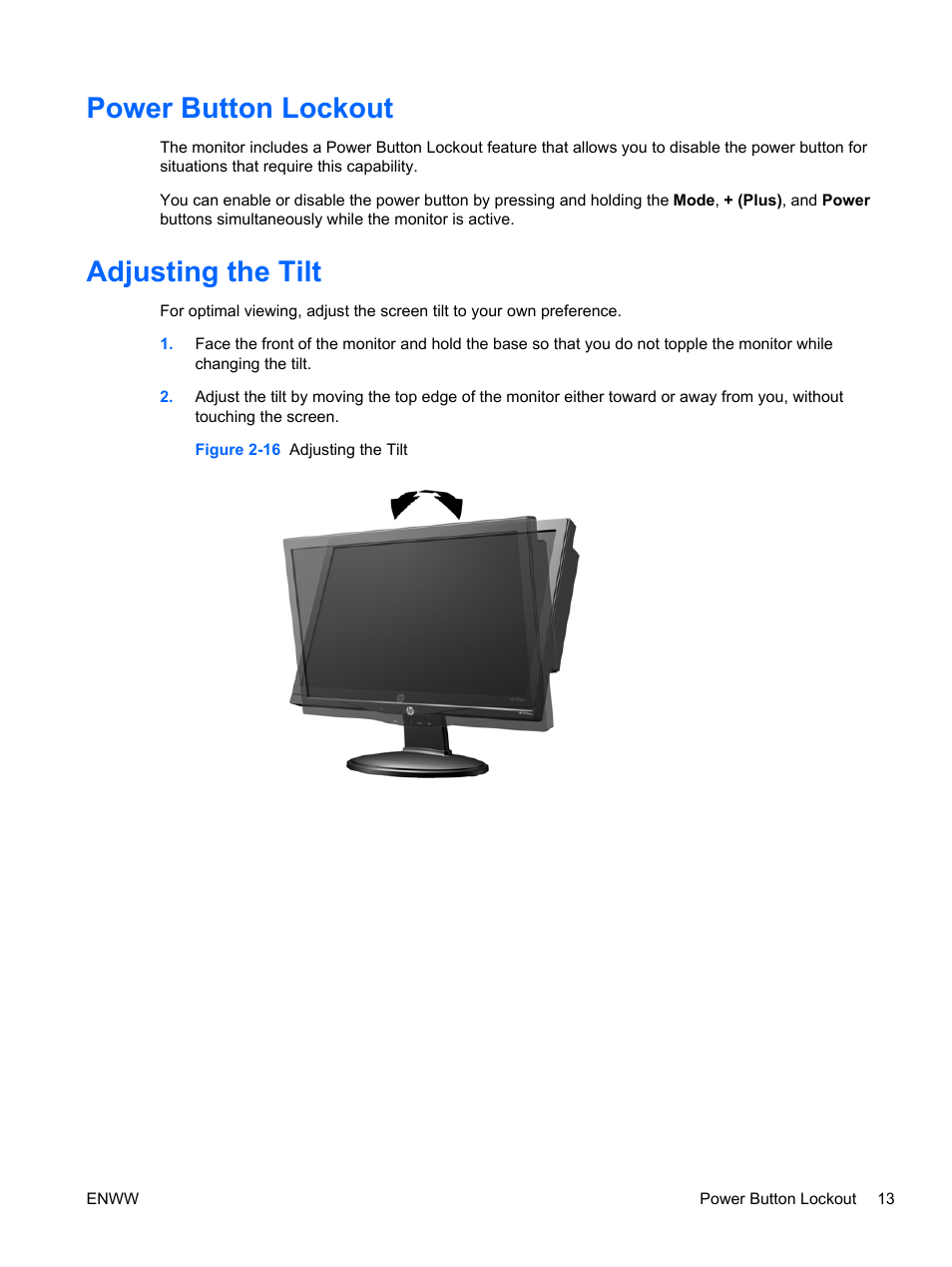 Power button lockout, Adjusting the tilt, Power button lockout adjusting the tilt | HP Passport 1912nm 18.5-inch Internet Monitor User Manual | Page 19 / 36