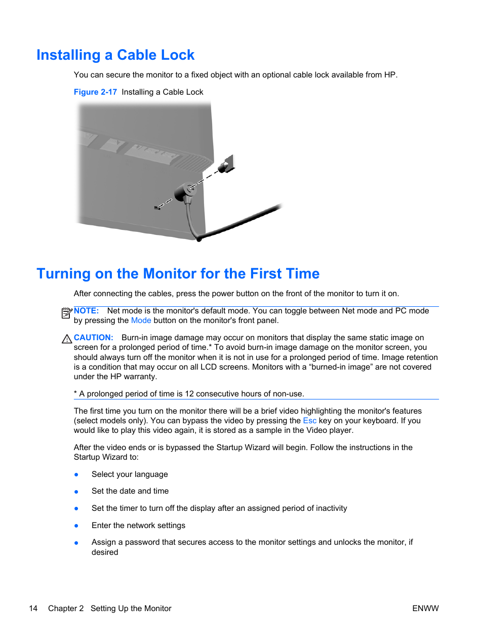 Installing a cable lock, Turning on the monitor for the first time | HP Passport 1912nm 18.5-inch Internet Monitor User Manual | Page 20 / 36