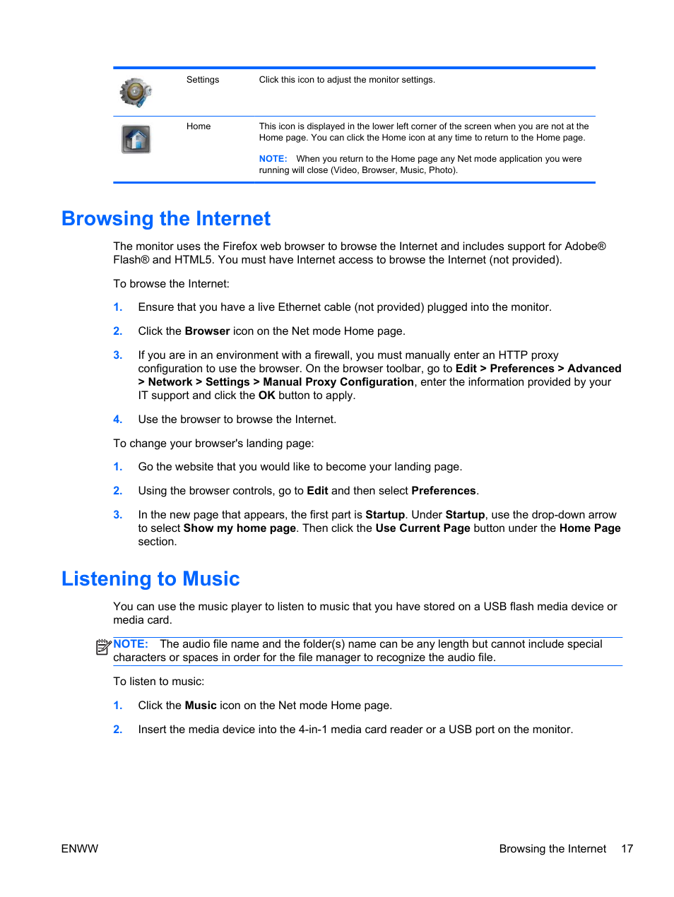 Browsing the internet, Listening to music, Browsing the internet listening to music | HP Passport 1912nm 18.5-inch Internet Monitor User Manual | Page 23 / 36