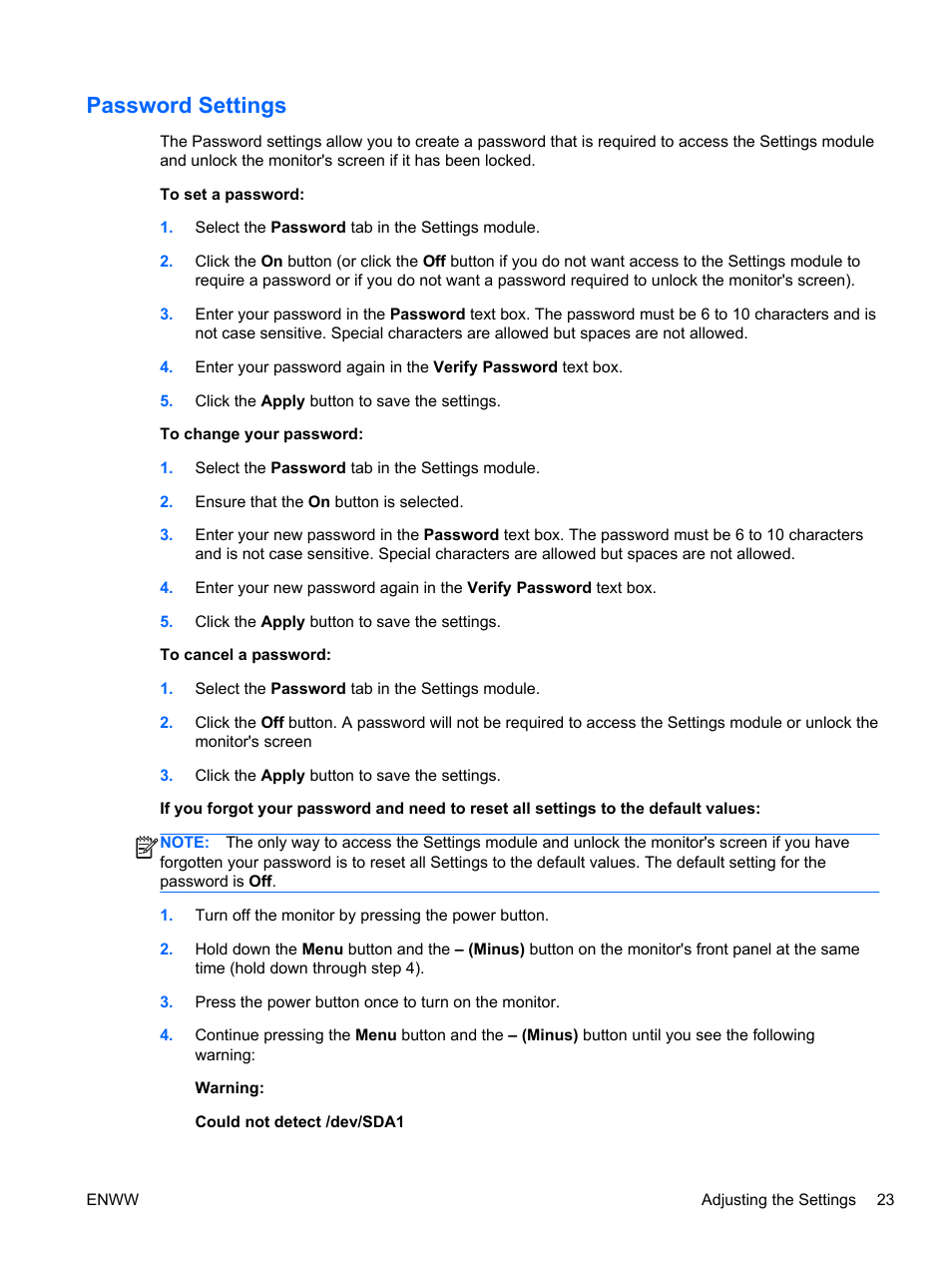 Password settings | HP Passport 1912nm 18.5-inch Internet Monitor User Manual | Page 29 / 36