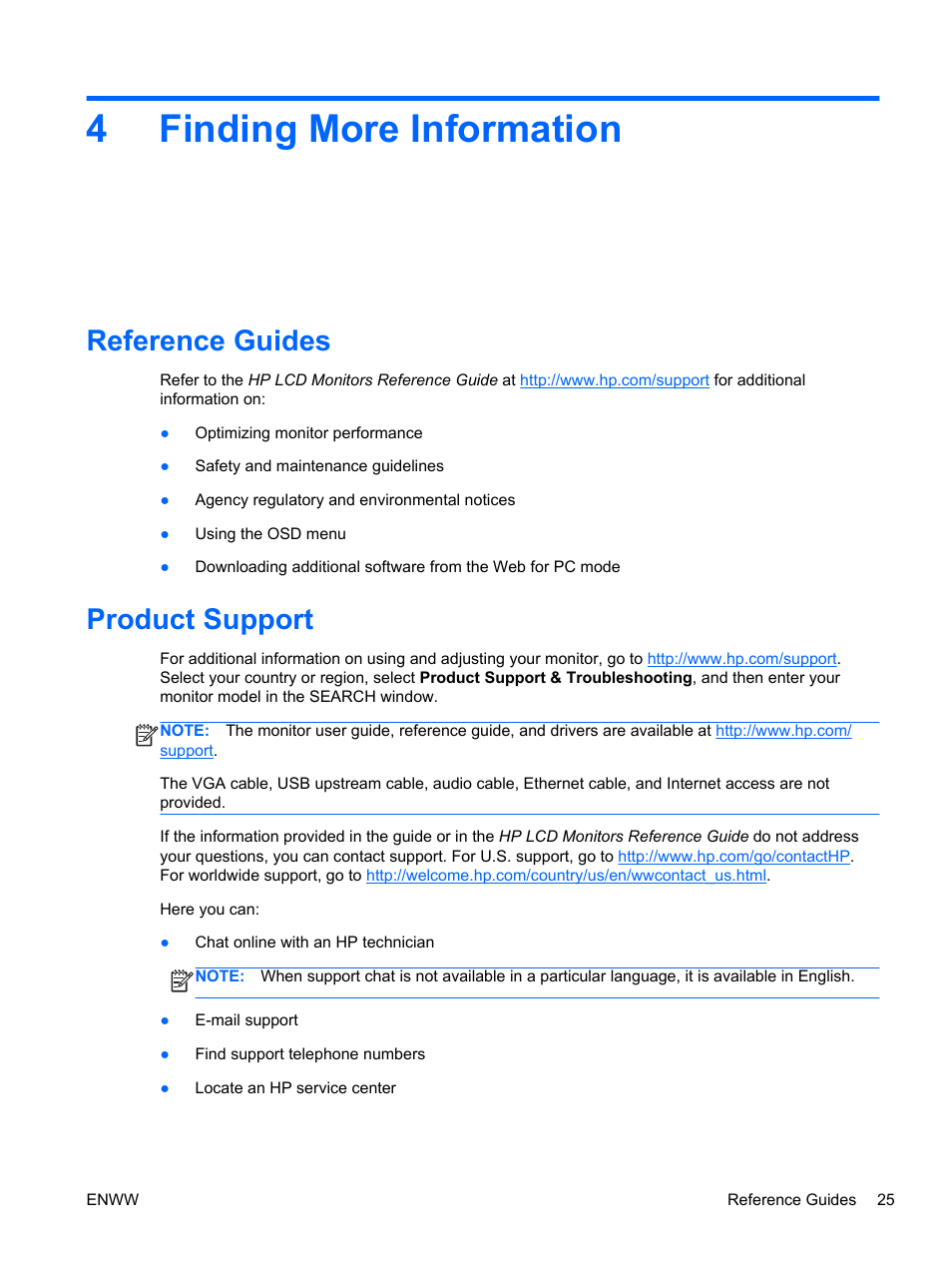 Finding more information, Reference guides, Product support | 4 finding more information, Reference guides product support, 4finding more information | HP Passport 1912nm 18.5-inch Internet Monitor User Manual | Page 31 / 36