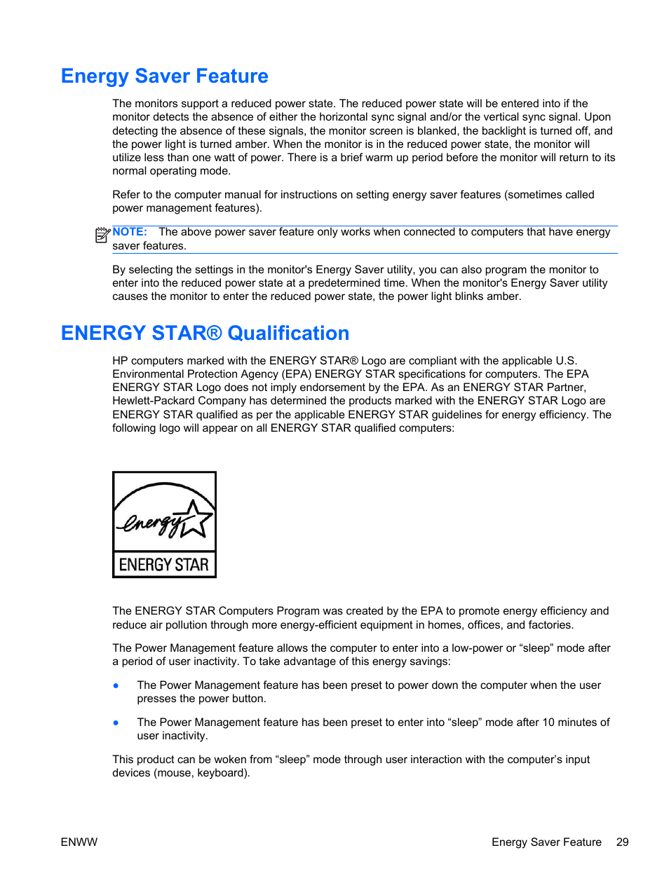 Energy saver feature, Energy star® qualification, Energy saver feature energy star® qualification | HP Passport 1912nm 18.5-inch Internet Monitor User Manual | Page 35 / 36