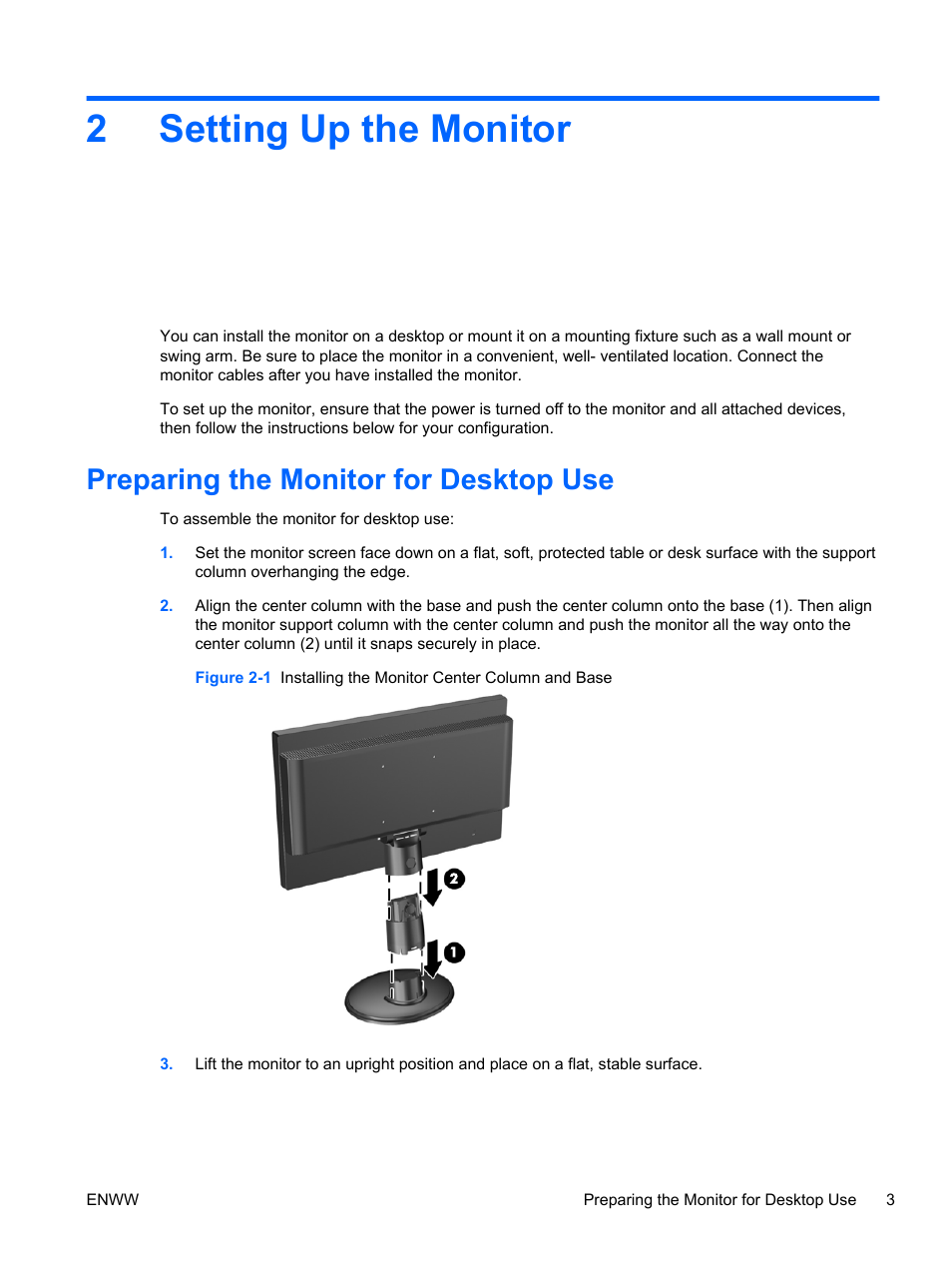 Setting up the monitor, Preparing the monitor for desktop use, 2 setting up the monitor | 2setting up the monitor | HP Passport 1912nm 18.5-inch Internet Monitor User Manual | Page 9 / 36