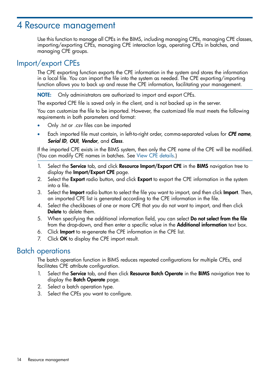 4 resource management, Import/export cpes, Batch operations | Import/export cpes batch operations | HP IMC Branch Intelligent Management Software User Manual | Page 14 / 69