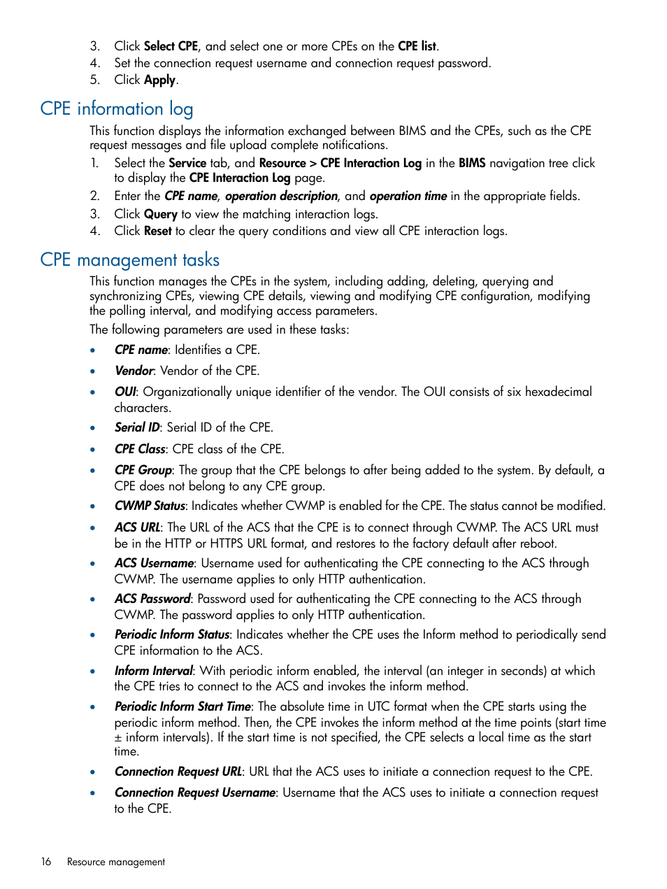 Cpe information log, Cpe management tasks, Cpe information log cpe management tasks | HP IMC Branch Intelligent Management Software User Manual | Page 16 / 69