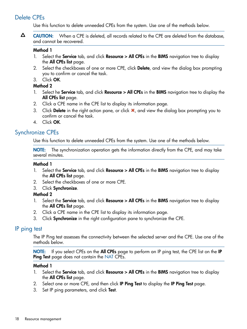 Delete cpes, Synchronize cpes, Ip ping test | Delete cpes synchronize cpes ip ping test | HP IMC Branch Intelligent Management Software User Manual | Page 18 / 69