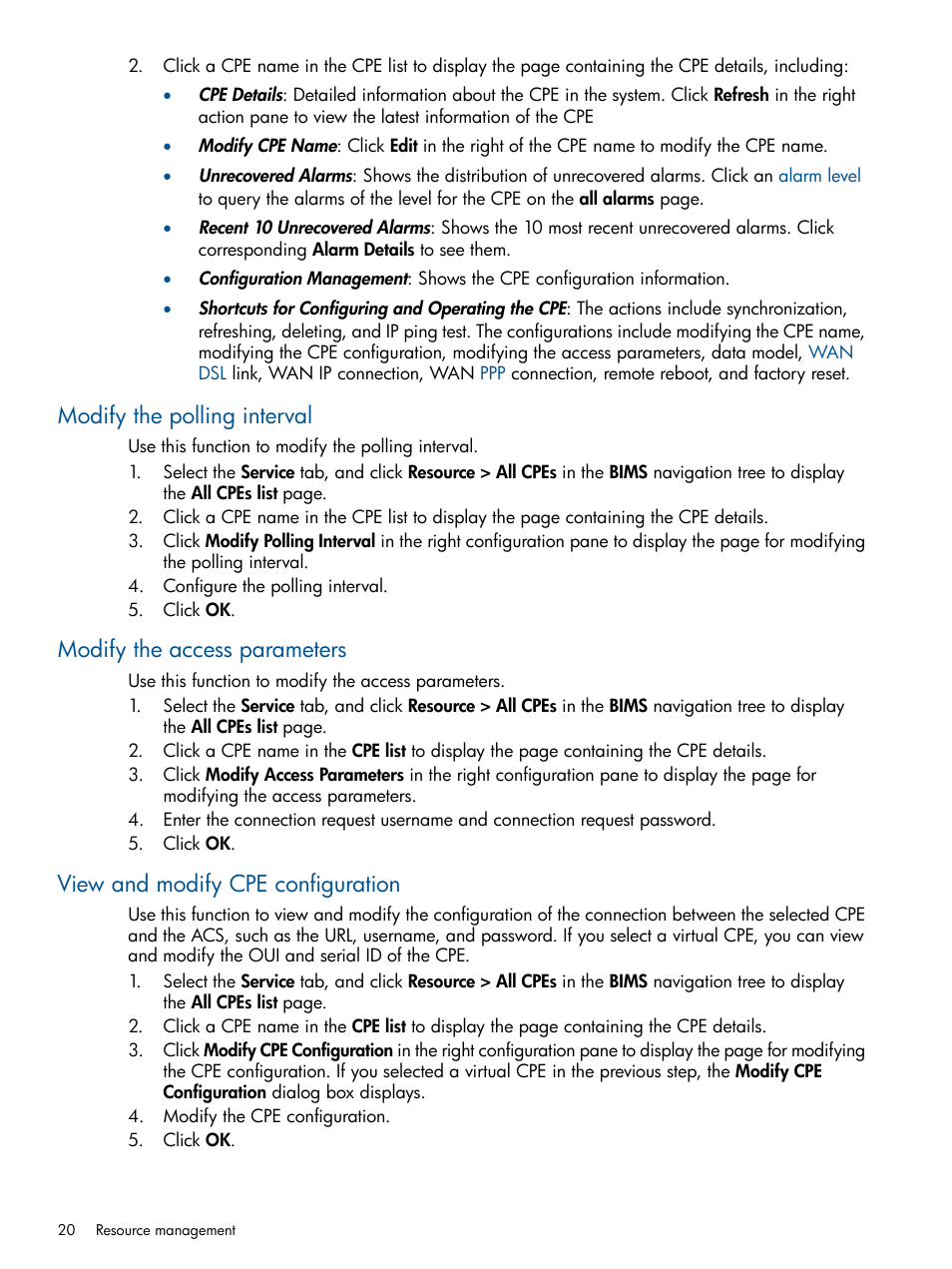 Modify the polling interval, Modify the access parameters, View and modify cpe configuration | HP IMC Branch Intelligent Management Software User Manual | Page 20 / 69