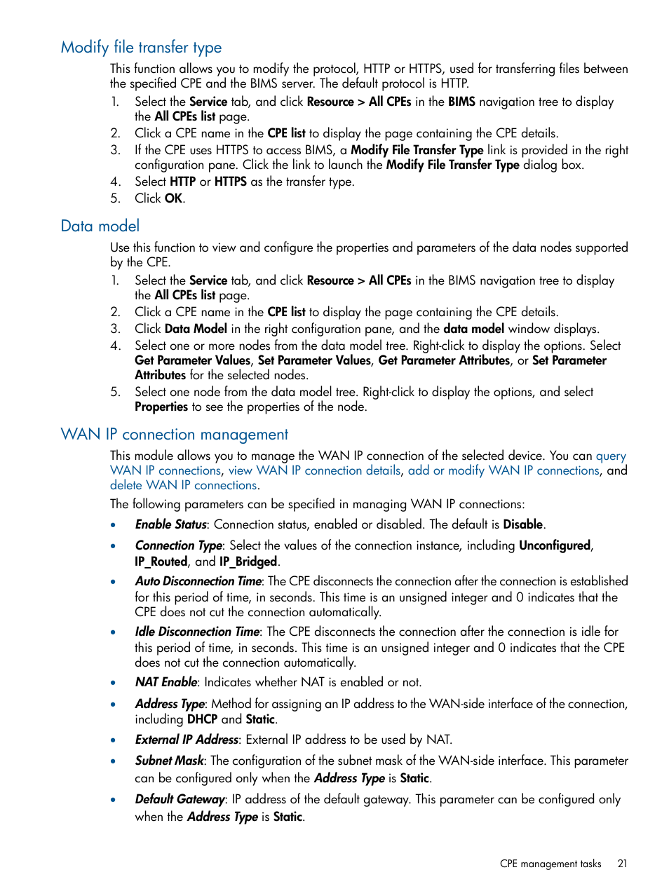 Modify file transfer type, Data model, Wan ip connection management | HP IMC Branch Intelligent Management Software User Manual | Page 21 / 69