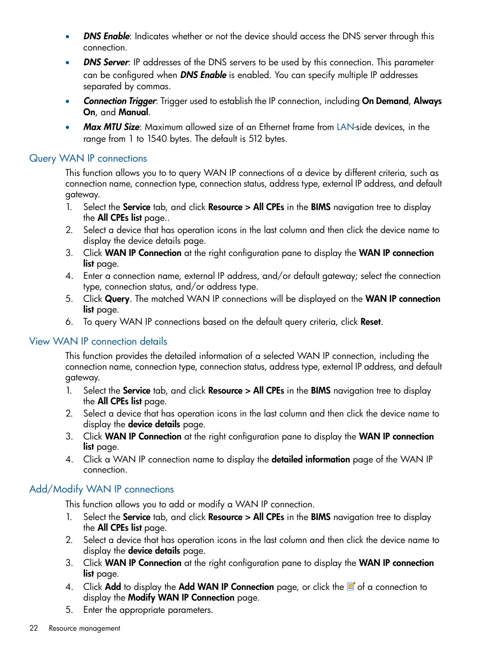 Query wan ip connections, View wan ip connection details, Add/modify wan ip connections | Query, Wan ip connections, Add or modify wan ip connections | HP IMC Branch Intelligent Management Software User Manual | Page 22 / 69