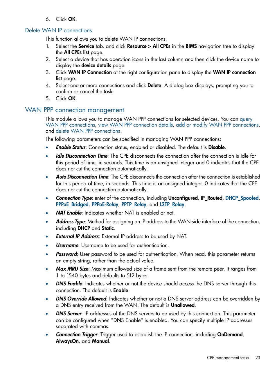 Delete wan ip connections, Wan ppp connection management | HP IMC Branch Intelligent Management Software User Manual | Page 23 / 69