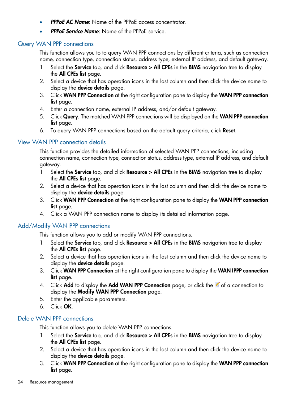 Query wan ppp connections, View wan ppp connection details, Add/modify wan ppp connections | Delete wan ppp connections, Query, Wan ppp connections, Add or modify wan ppp connections | HP IMC Branch Intelligent Management Software User Manual | Page 24 / 69