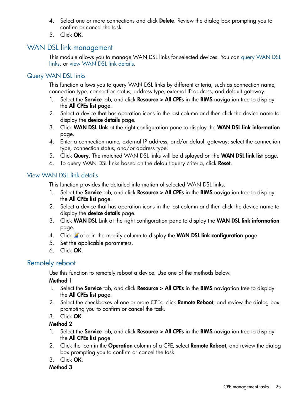 Wan dsl link management, Query wan dsl links, View wan dsl link details | Remotely reboot, Query wan dsl links view wan dsl link details | HP IMC Branch Intelligent Management Software User Manual | Page 25 / 69