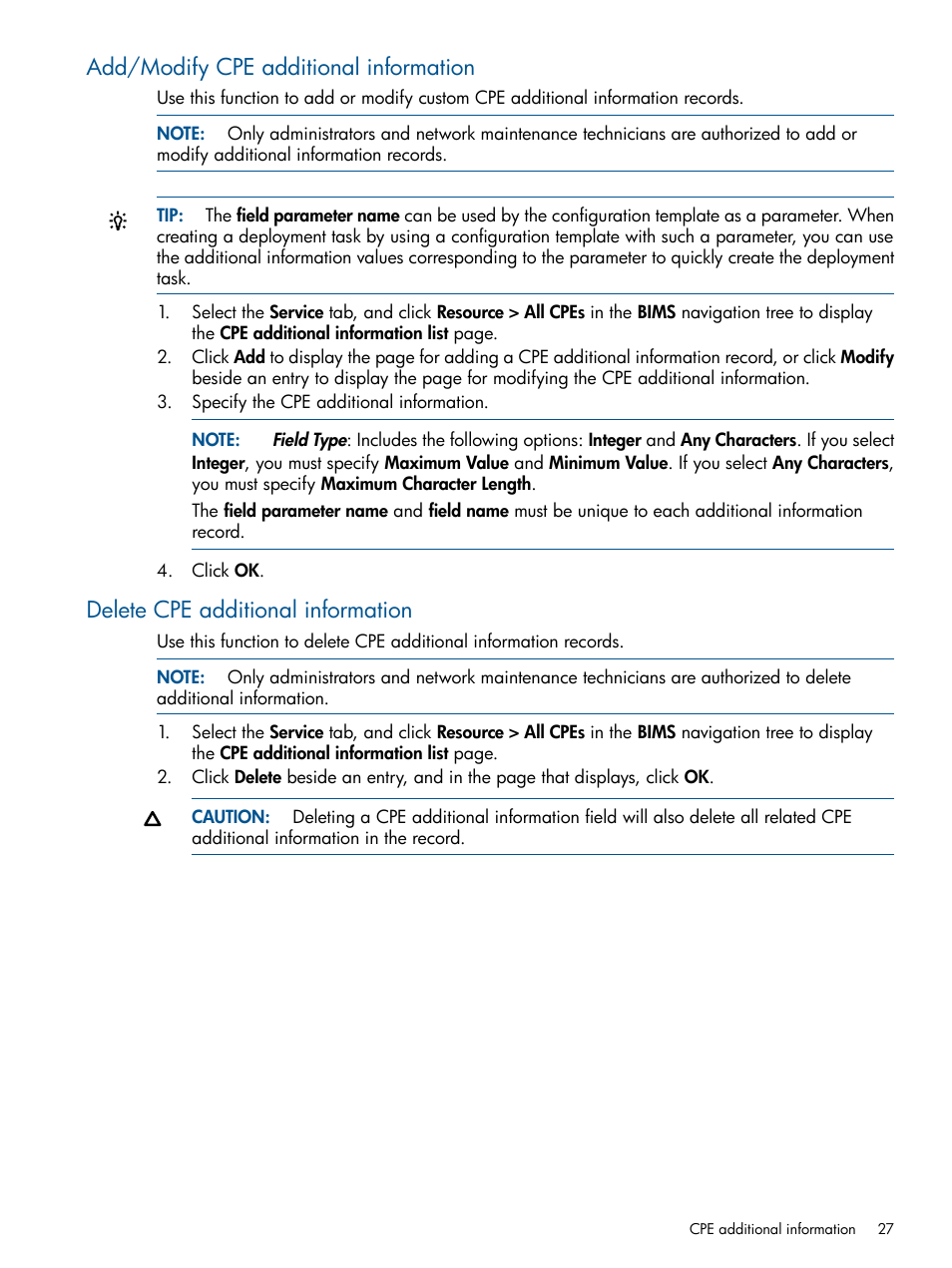Add/modify cpe additional information, Delete cpe additional information | HP IMC Branch Intelligent Management Software User Manual | Page 27 / 69