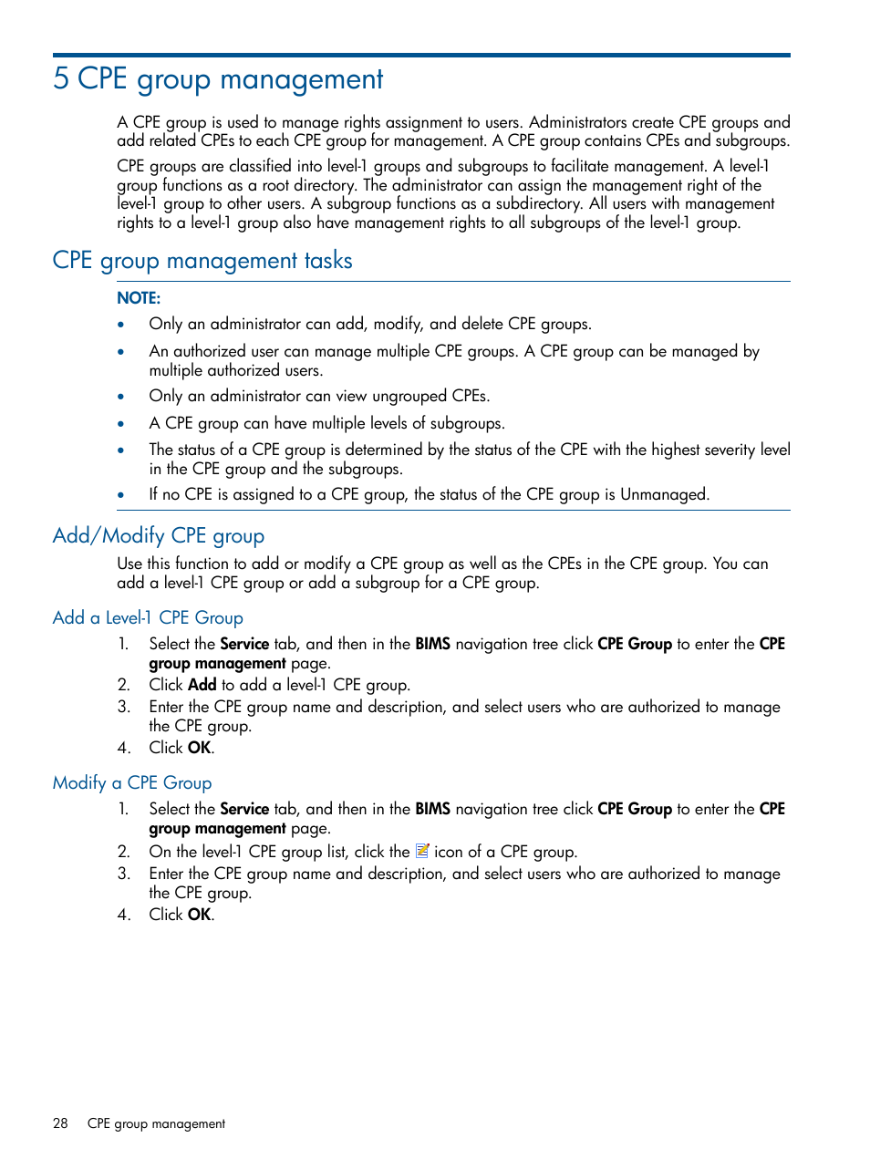 5 cpe group management, Cpe group management tasks, Add/modify cpe group | Add a level-1 cpe group, Modify a cpe group, Add a level-1 cpe group modify a cpe group, Cpe group, Management | HP IMC Branch Intelligent Management Software User Manual | Page 28 / 69
