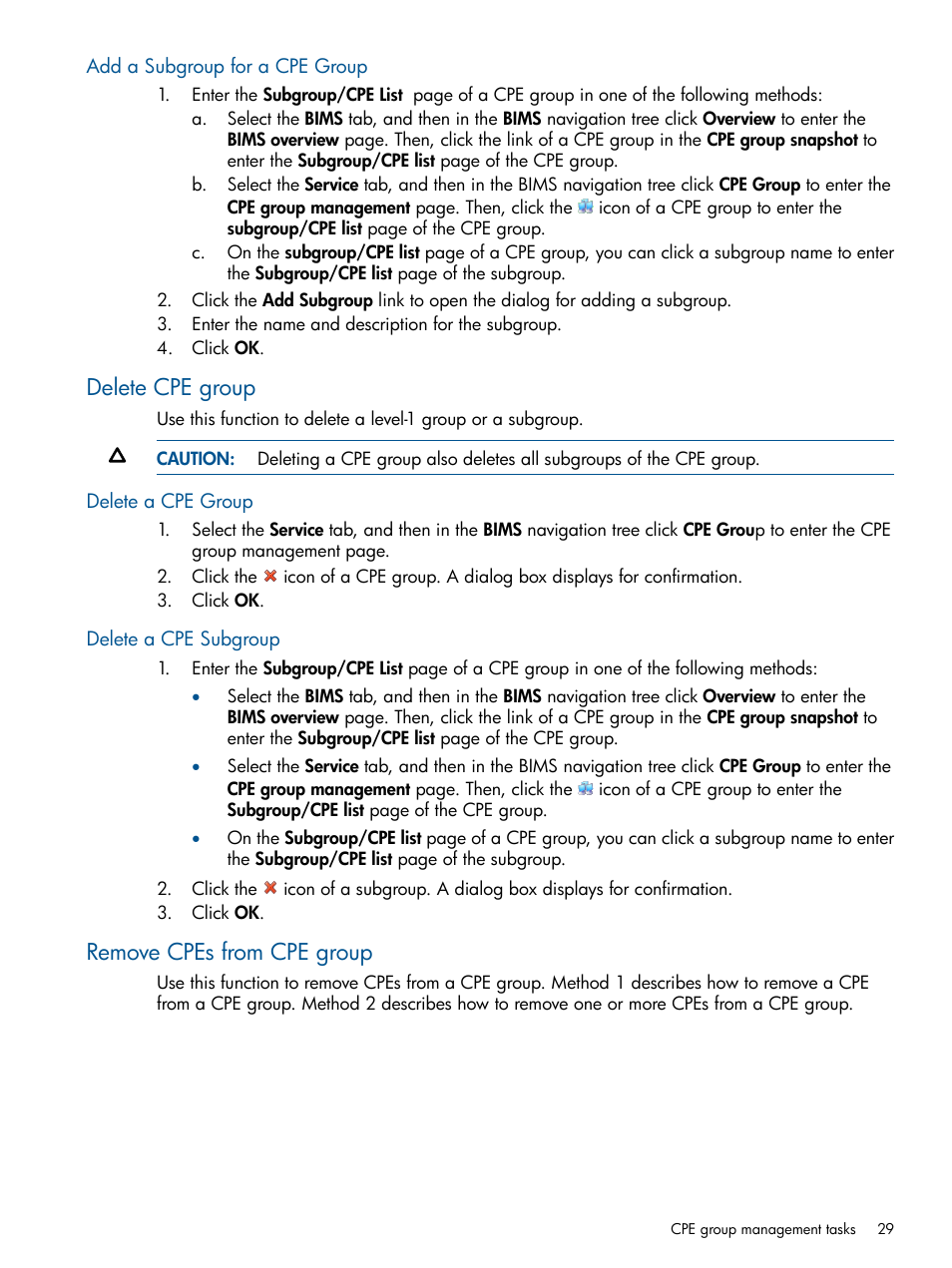 Add a subgroup for a cpe group, Delete cpe group, Delete a cpe group | Delete a cpe subgroup, Remove cpes from cpe group, Delete a cpe group delete a cpe subgroup | HP IMC Branch Intelligent Management Software User Manual | Page 29 / 69