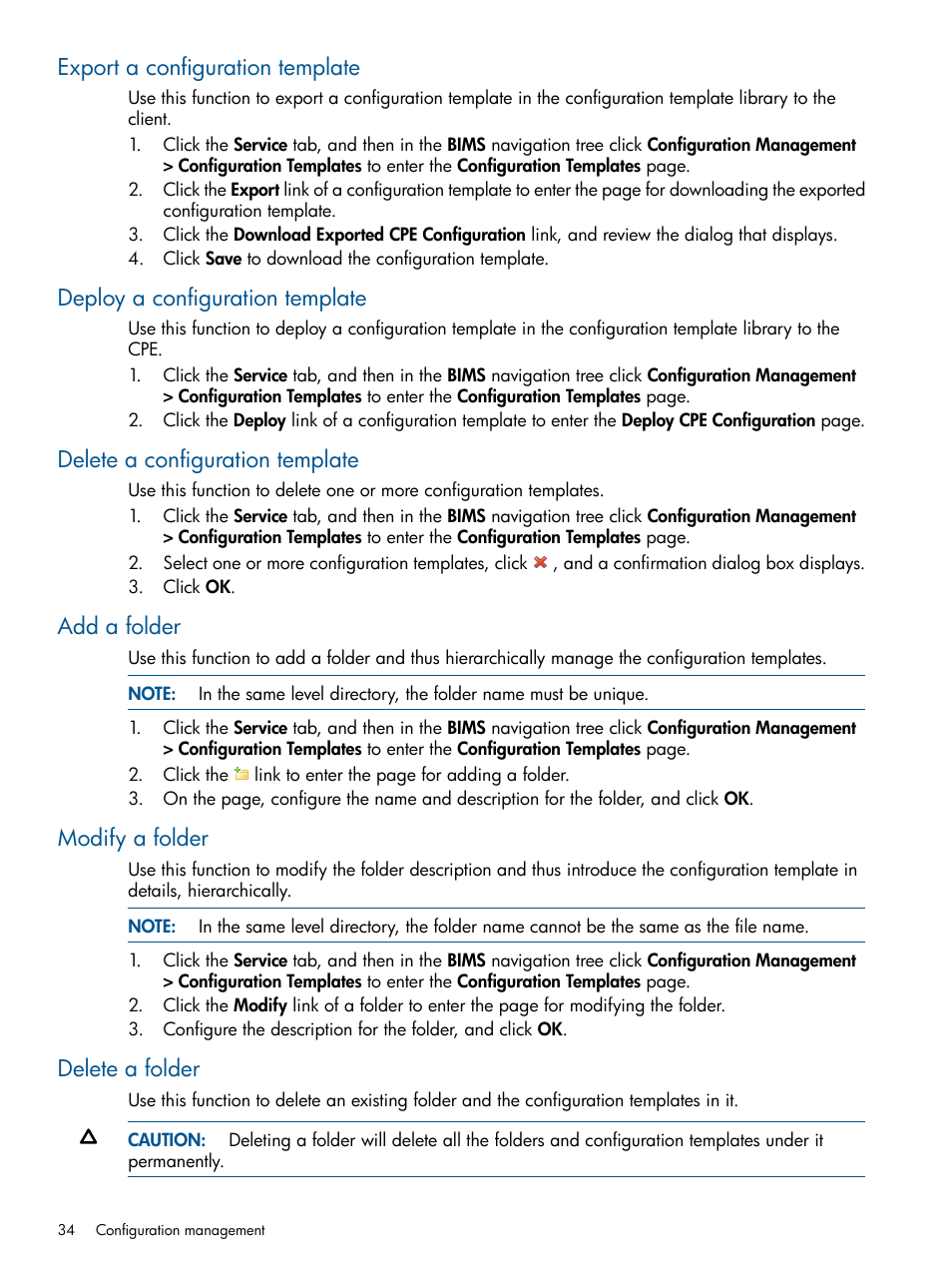 Export a configuration template, Deploy a configuration template, Delete a configuration template | Add a folder, Modify a folder, Delete a folder | HP IMC Branch Intelligent Management Software User Manual | Page 34 / 69