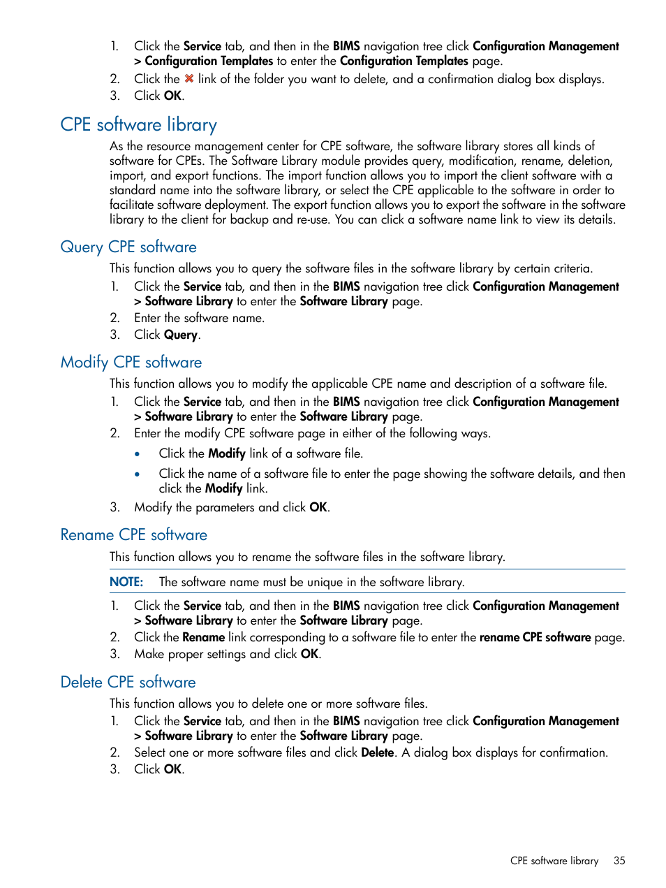 Cpe software library, Query cpe software, Modify cpe software | Rename cpe software, Delete cpe software | HP IMC Branch Intelligent Management Software User Manual | Page 35 / 69