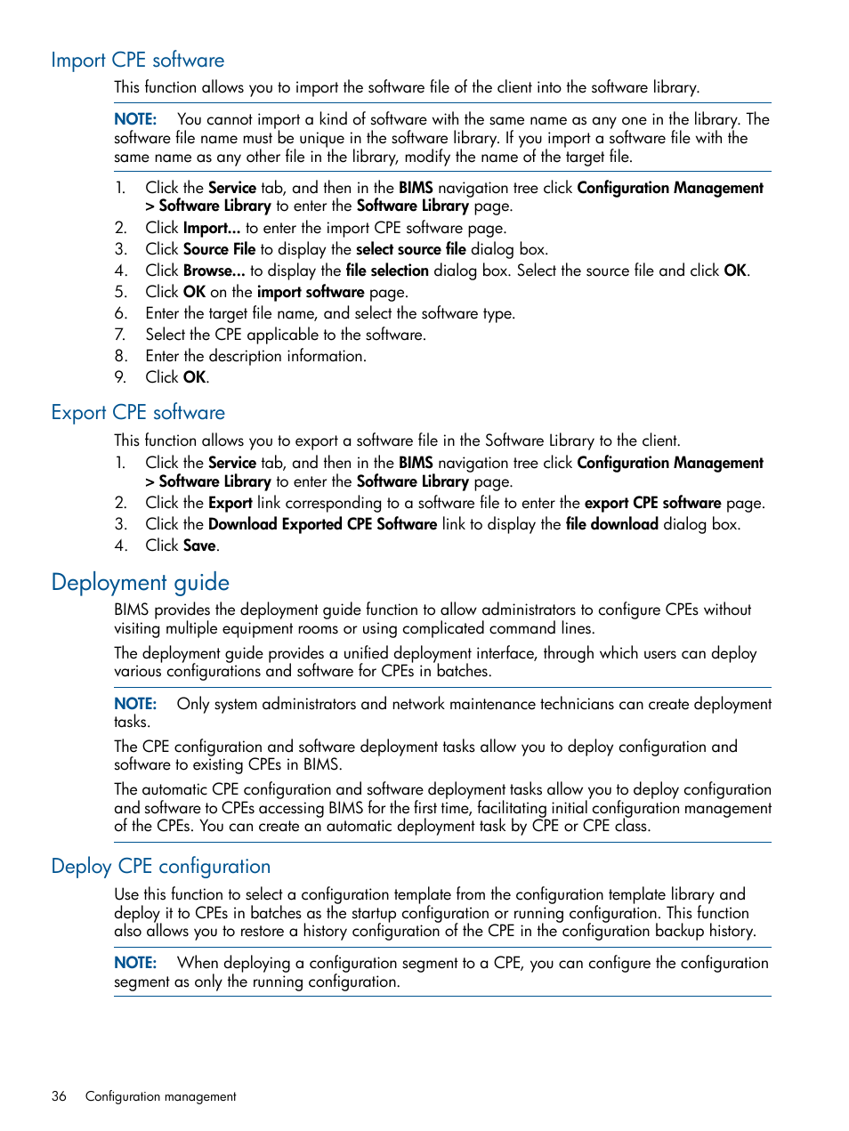 Import cpe software, Export cpe software, Deployment guide | Deploy cpe configuration, Import cpe software export cpe software | HP IMC Branch Intelligent Management Software User Manual | Page 36 / 69