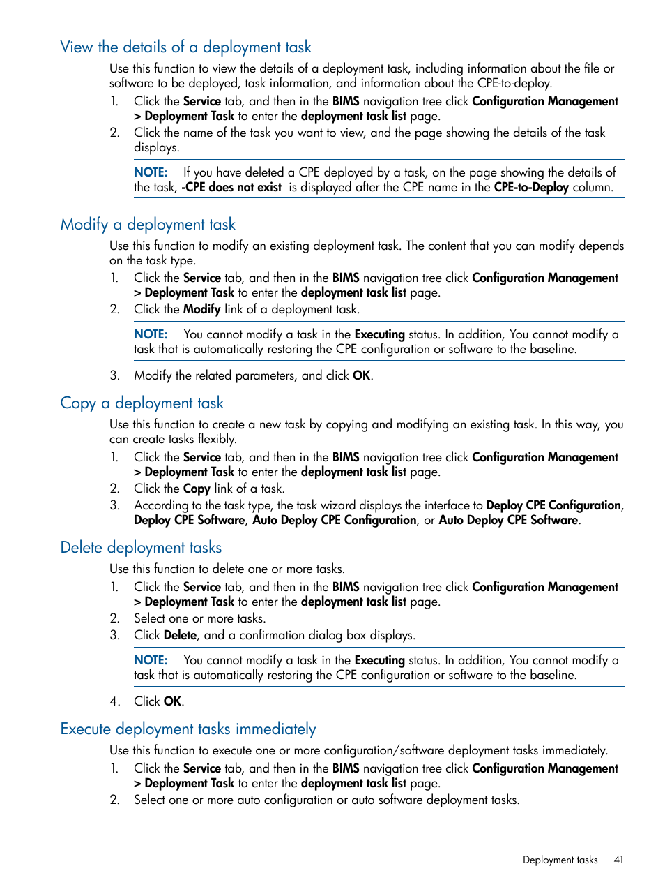 View the details of a deployment task, Modify a deployment task, Copy a deployment task | Delete deployment tasks, Execute deployment tasks immediately | HP IMC Branch Intelligent Management Software User Manual | Page 41 / 69