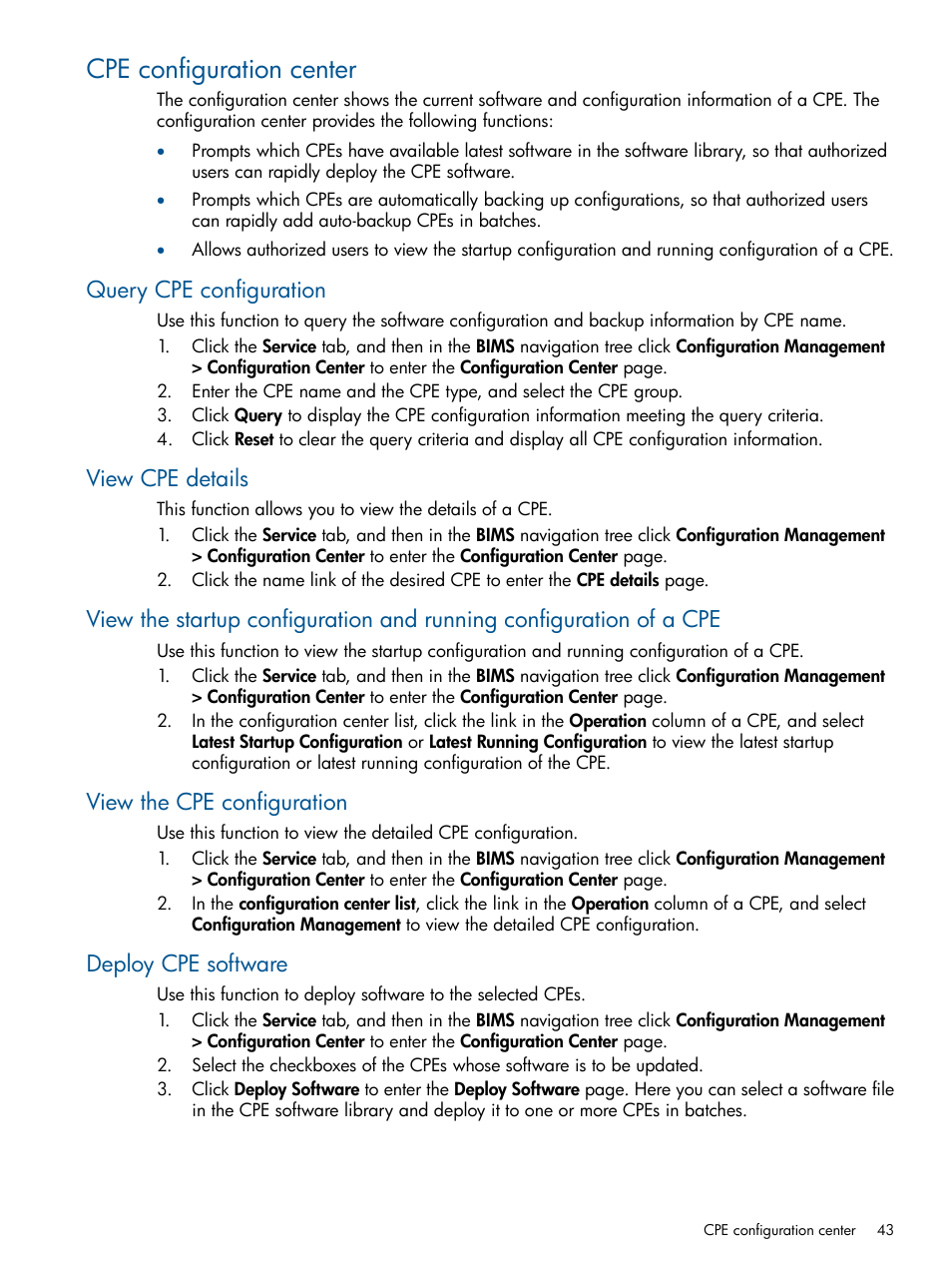 Cpe configuration center, Query cpe configuration, View cpe details | View the cpe configuration, Deploy cpe software | HP IMC Branch Intelligent Management Software User Manual | Page 43 / 69