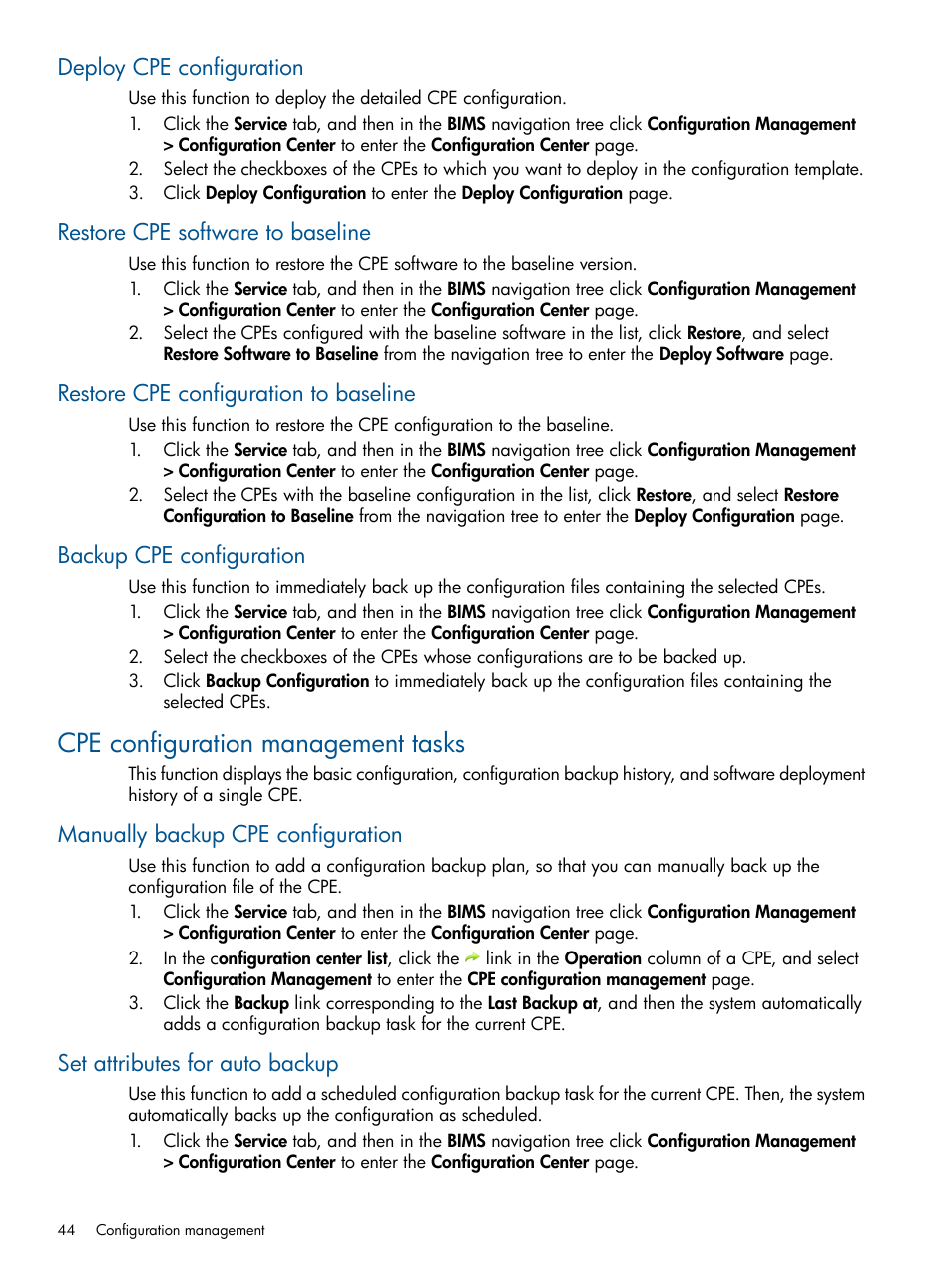 Deploy cpe configuration, Restore cpe software to baseline, Restore cpe configuration to baseline | Backup cpe configuration, Cpe configuration management tasks, Manually backup cpe configuration, Set attributes for auto backup | HP IMC Branch Intelligent Management Software User Manual | Page 44 / 69