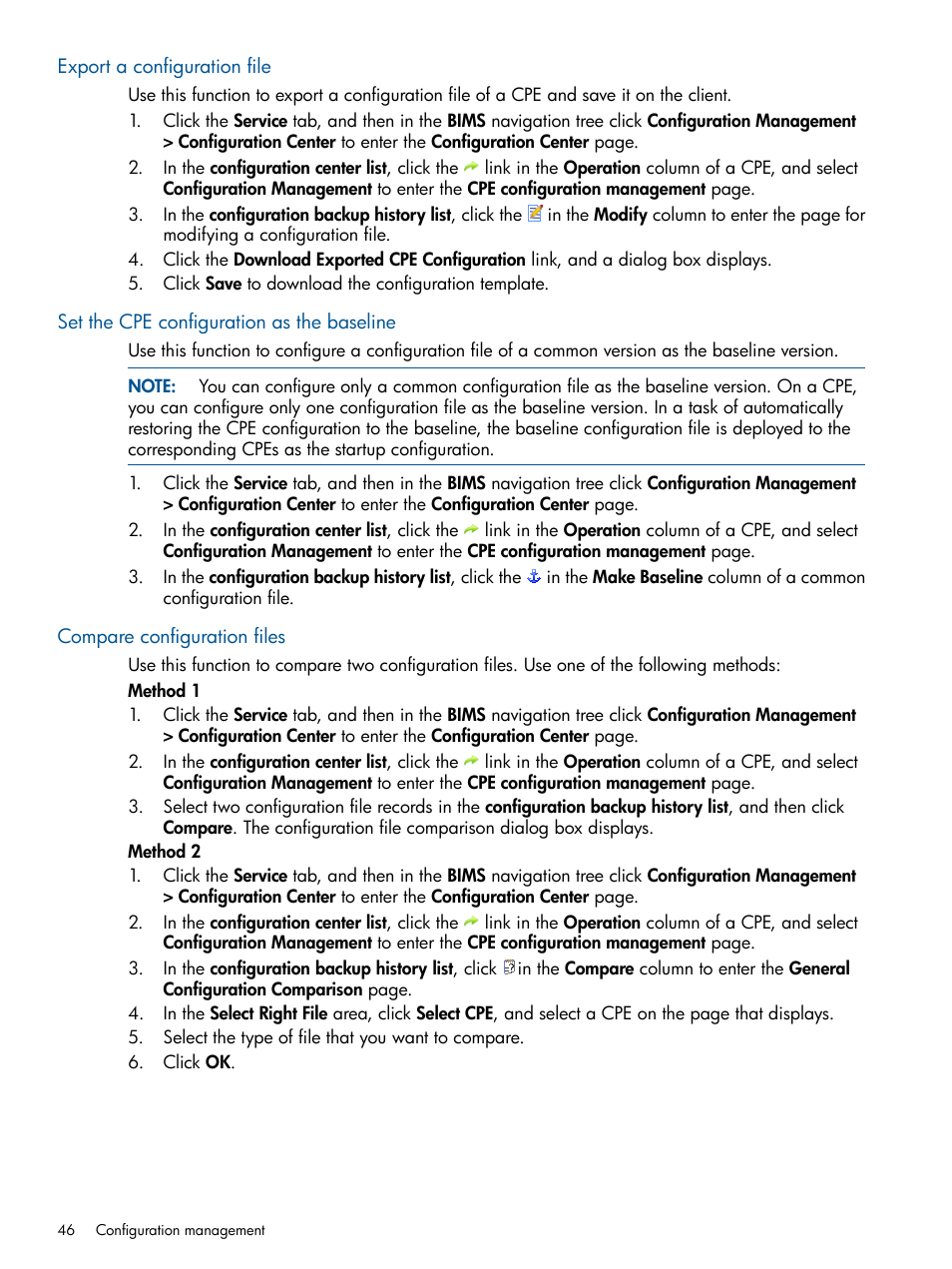 Export a configuration file, Set the cpe configuration as the baseline, Compare configuration files | HP IMC Branch Intelligent Management Software User Manual | Page 46 / 69