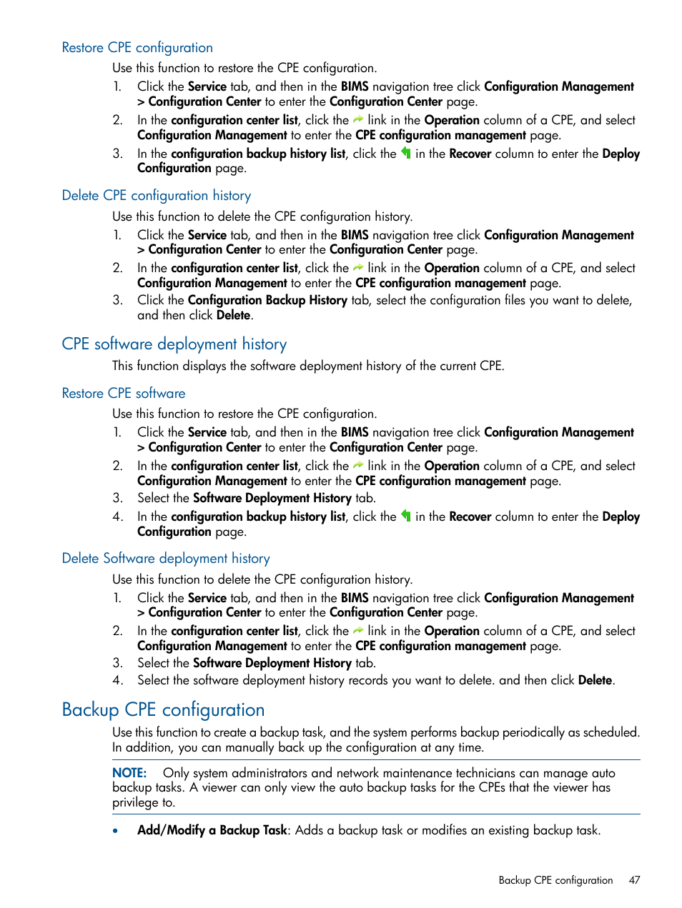 Restore cpe configuration, Delete cpe configuration history, Cpe software deployment history | Restore cpe software, Delete software deployment history, Backup cpe configuration | HP IMC Branch Intelligent Management Software User Manual | Page 47 / 69