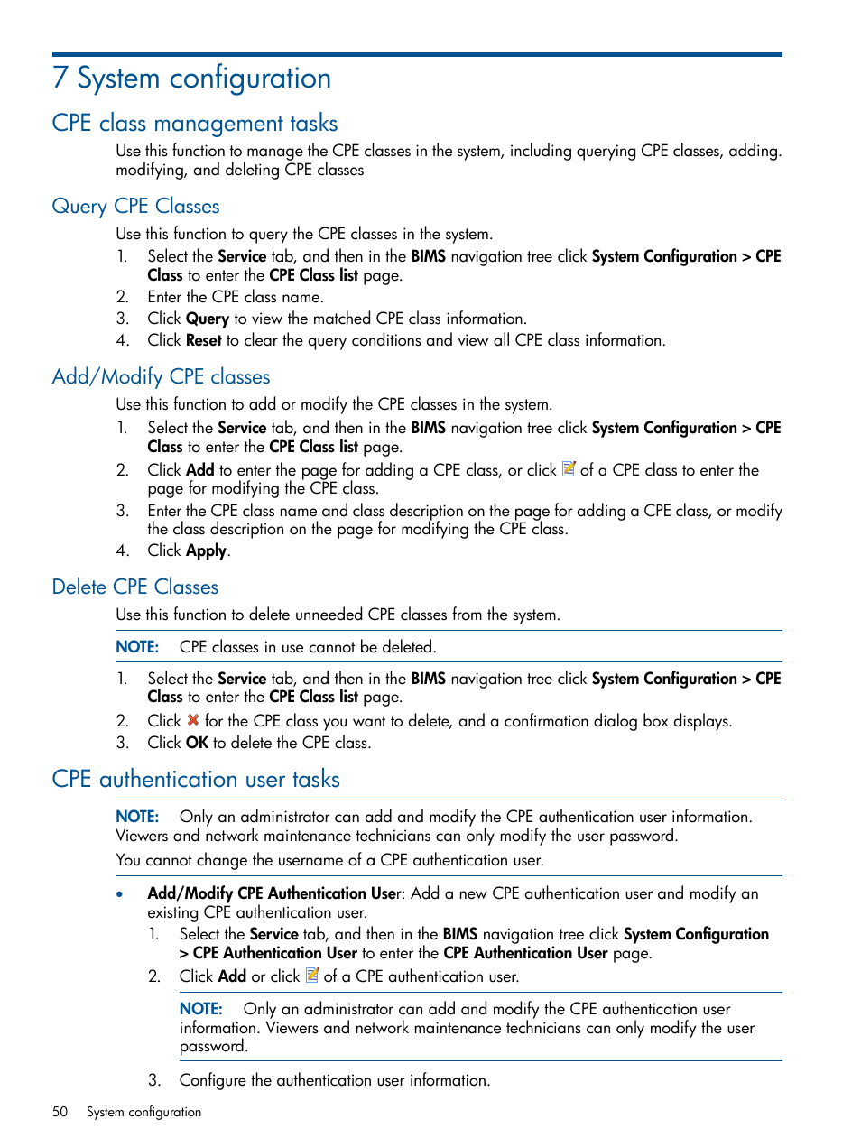 7 system configuration, Cpe class management tasks, Query cpe classes | Add/modify cpe classes, Delete cpe classes, Cpe authentication user tasks | HP IMC Branch Intelligent Management Software User Manual | Page 50 / 69