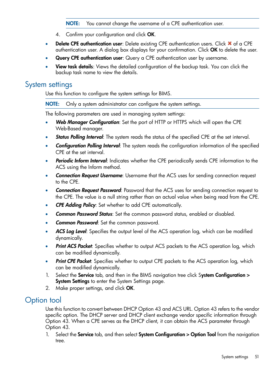 System settings, Option tool, System settings option tool | HP IMC Branch Intelligent Management Software User Manual | Page 51 / 69