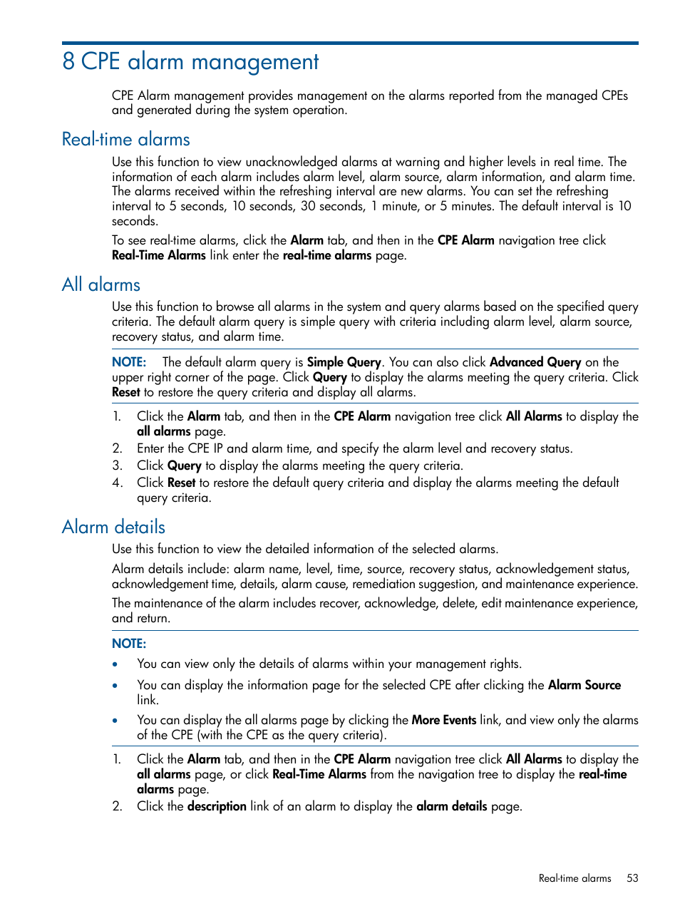 8 cpe alarm management, Real-time alarms, All alarms | Alarm details, Real-time alarms all alarms alarm details | HP IMC Branch Intelligent Management Software User Manual | Page 53 / 69