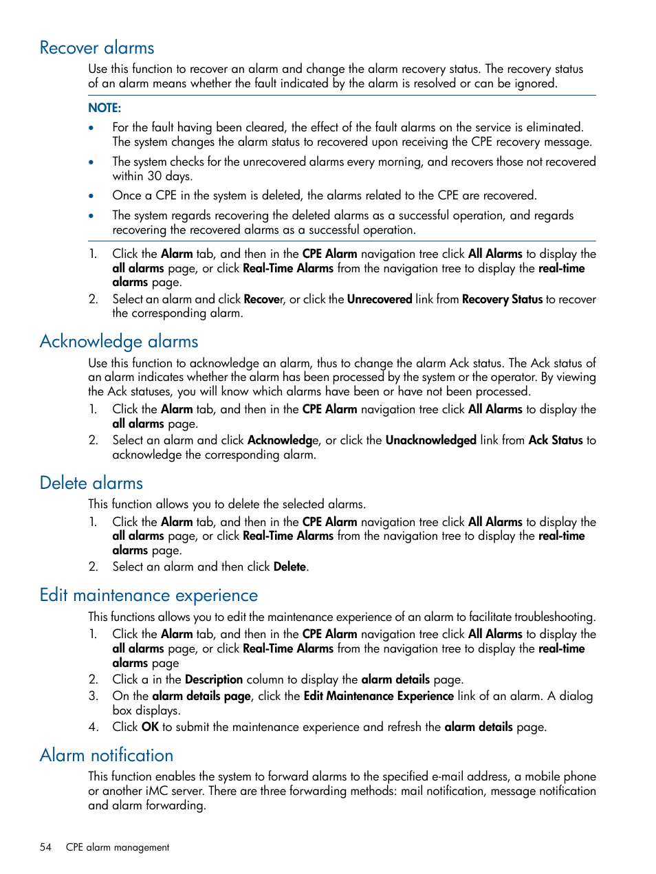 Recover alarms, Acknowledge alarms, Delete alarms | Edit maintenance experience, Alarm notification | HP IMC Branch Intelligent Management Software User Manual | Page 54 / 69