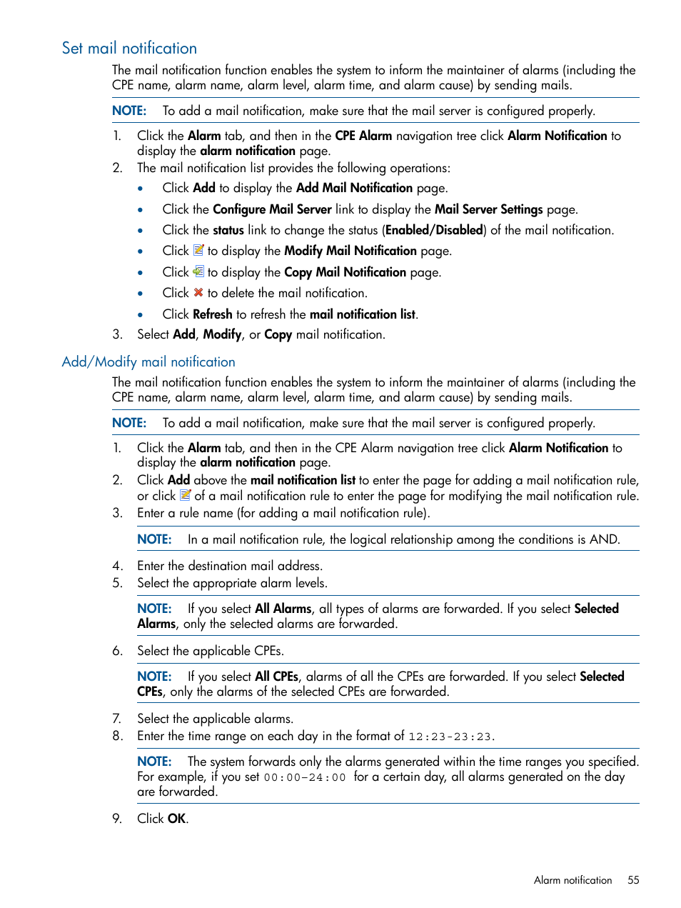 Set mail notification, Add/modify mail notification | HP IMC Branch Intelligent Management Software User Manual | Page 55 / 69