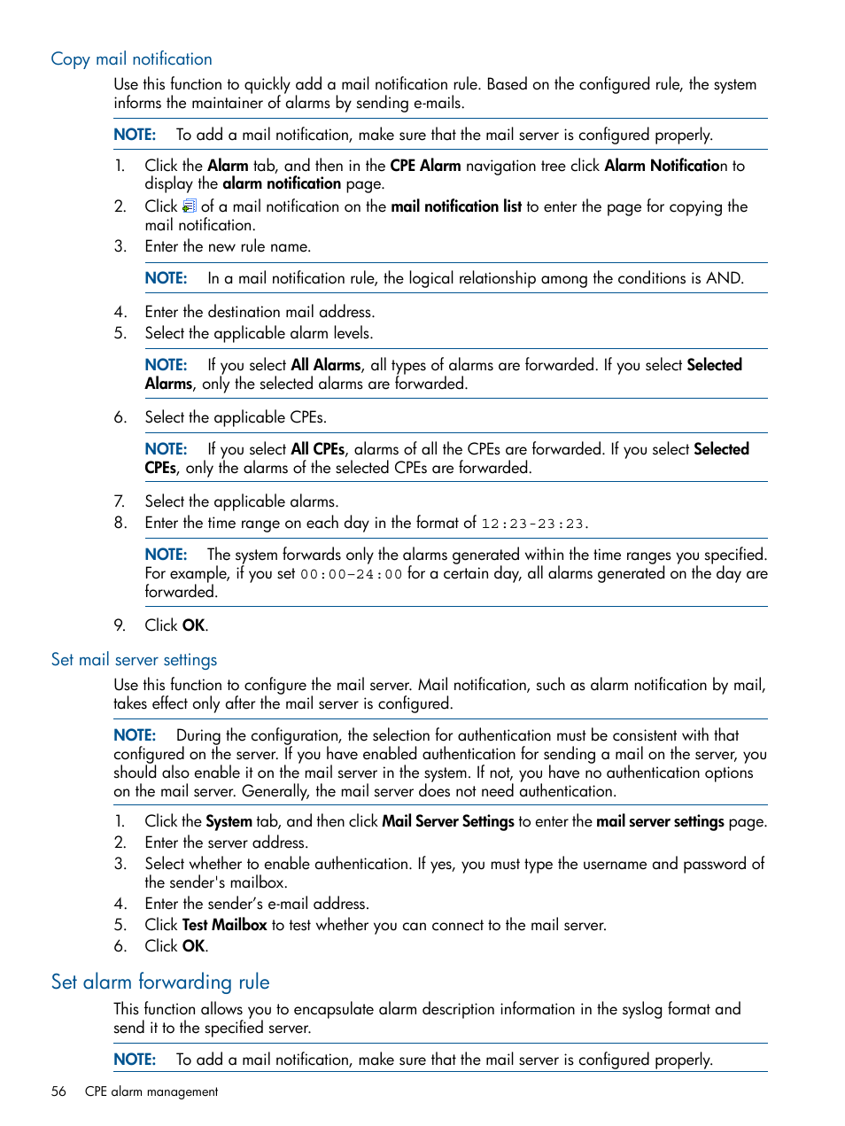 Copy mail notification, Set mail server settings, Set alarm forwarding rule | Copy mail notification set mail server settings | HP IMC Branch Intelligent Management Software User Manual | Page 56 / 69