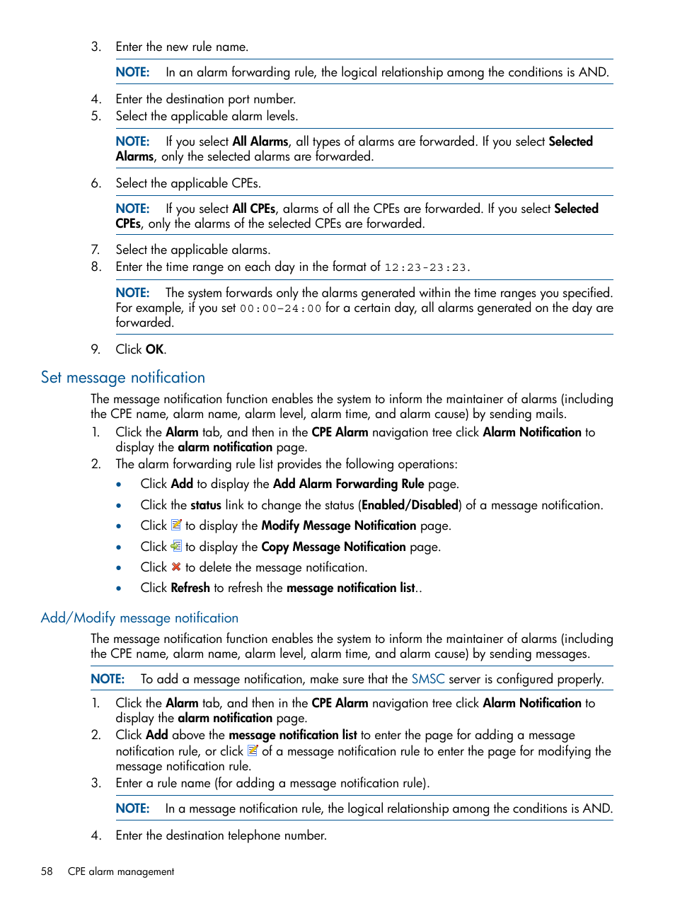 Set message notification, Add/modify message notification | HP IMC Branch Intelligent Management Software User Manual | Page 58 / 69