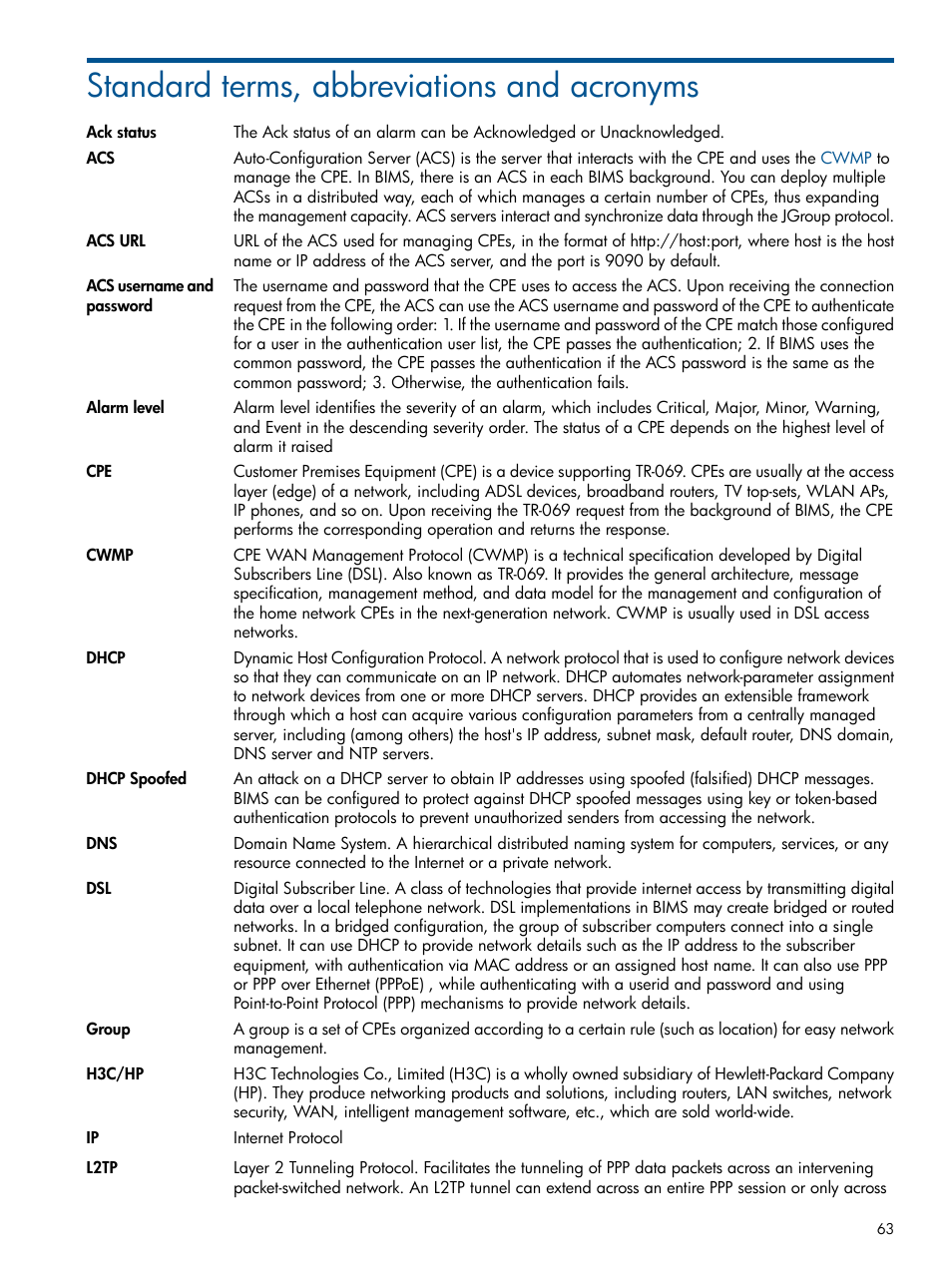 Standard terms, abbreviations and acronyms, Dhcp, Acs url | Ack status, Group, Alarm level, Dhcp_spoofed | HP IMC Branch Intelligent Management Software User Manual | Page 63 / 69
